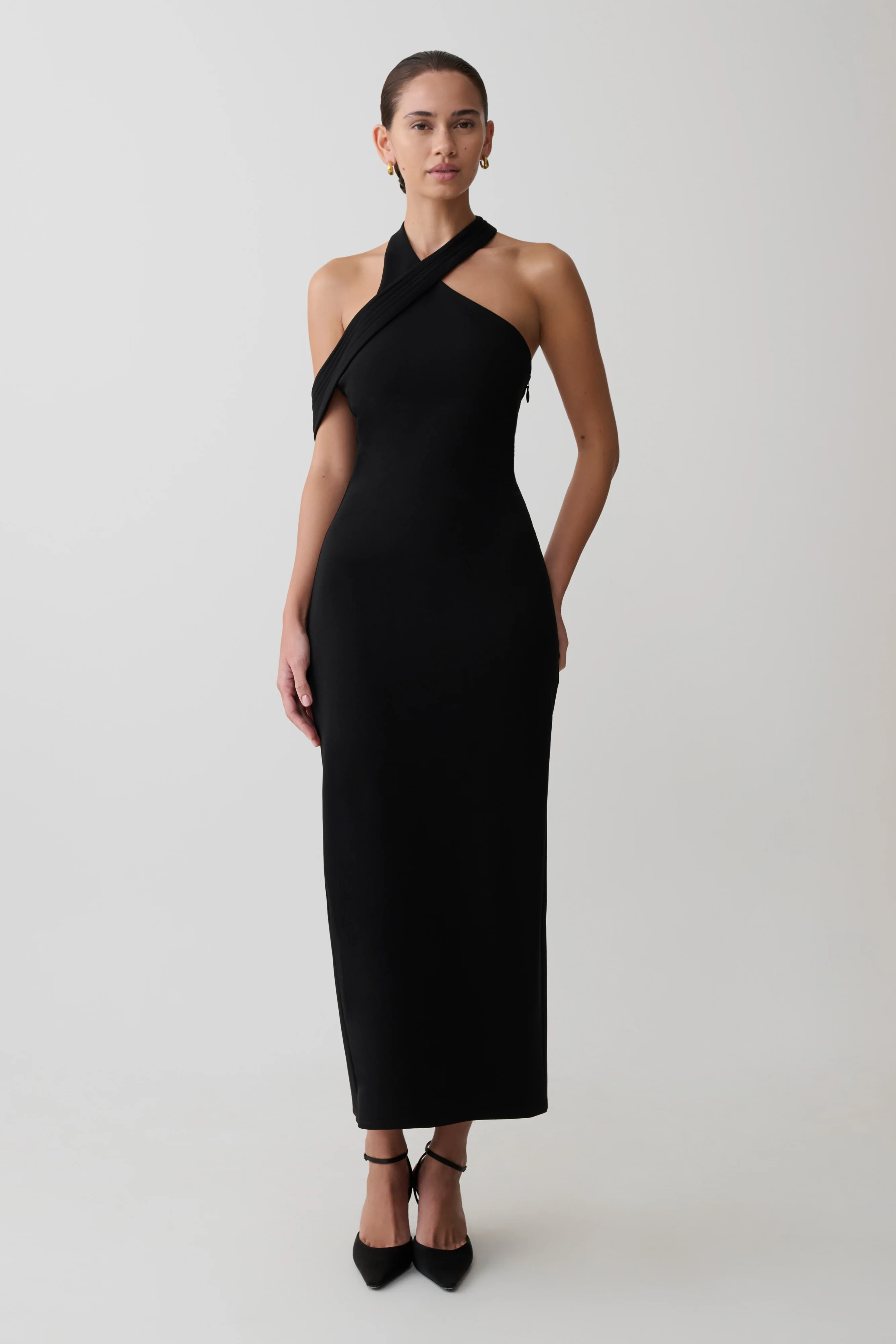 Sable Crossover Crepe Midi Dress - Black - Image 5