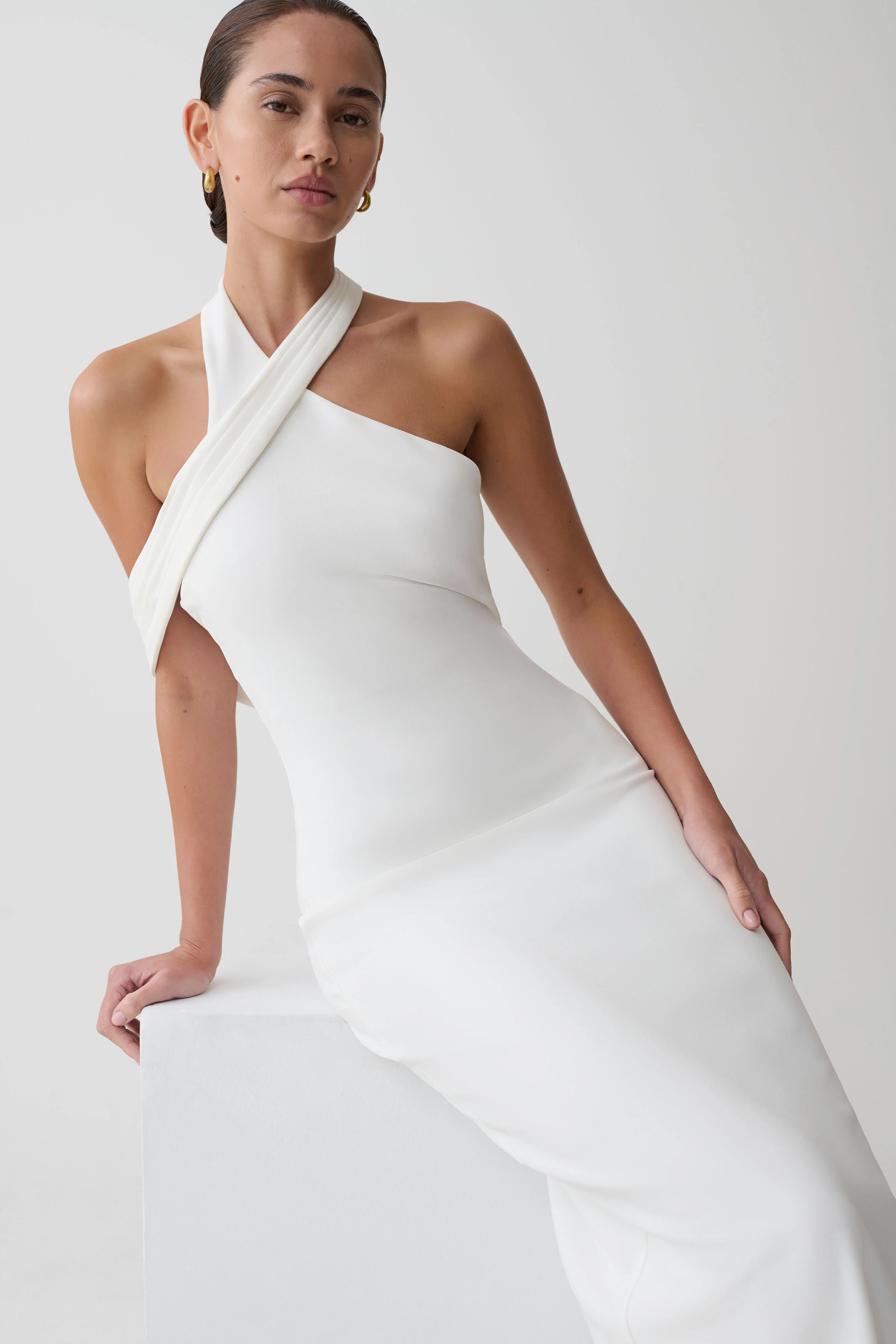 Sable Crossover Crepe Midi Dress - White - Image 3