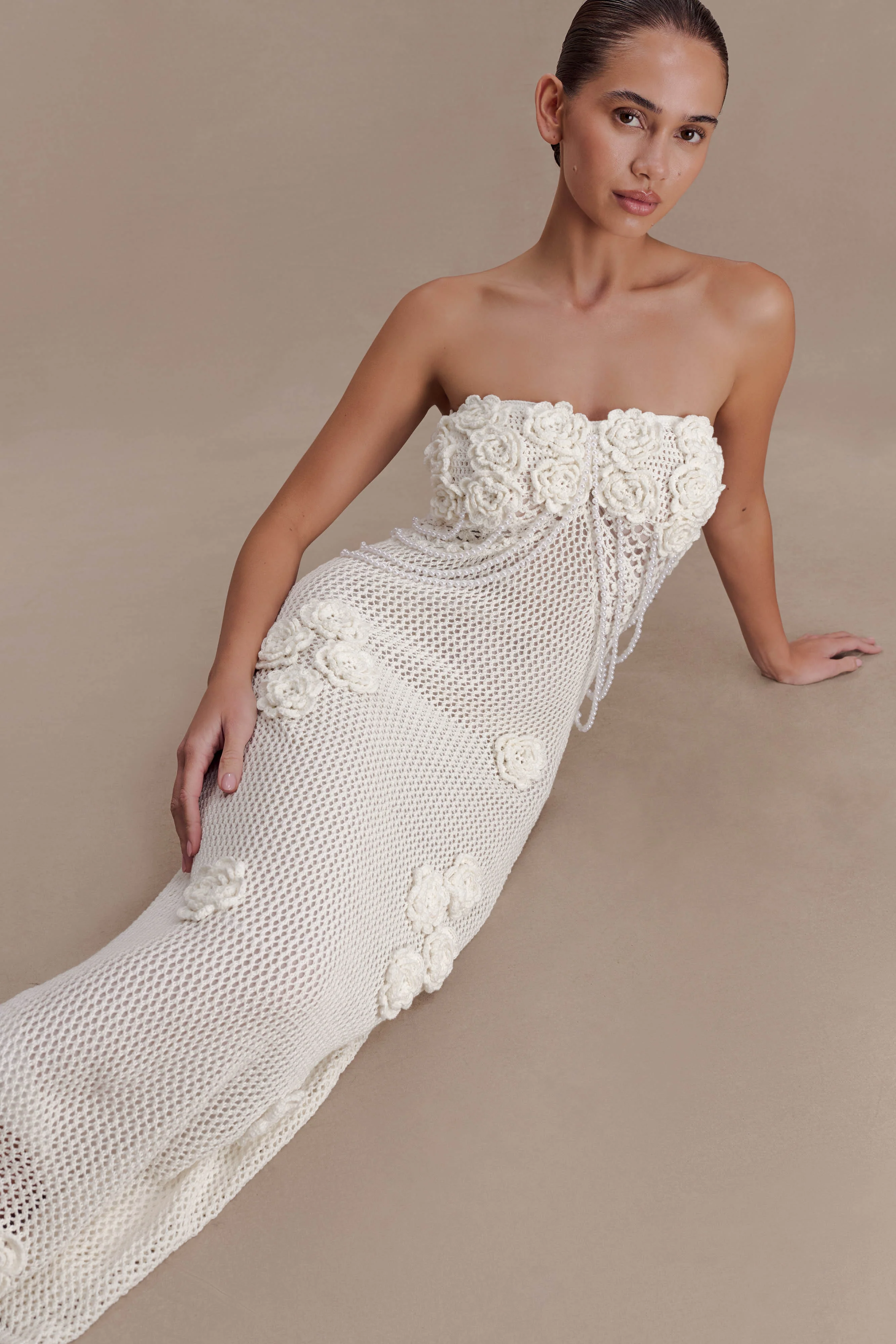 Samantha Crochet Midi Dress With Flowers - Ivory - Image 3
