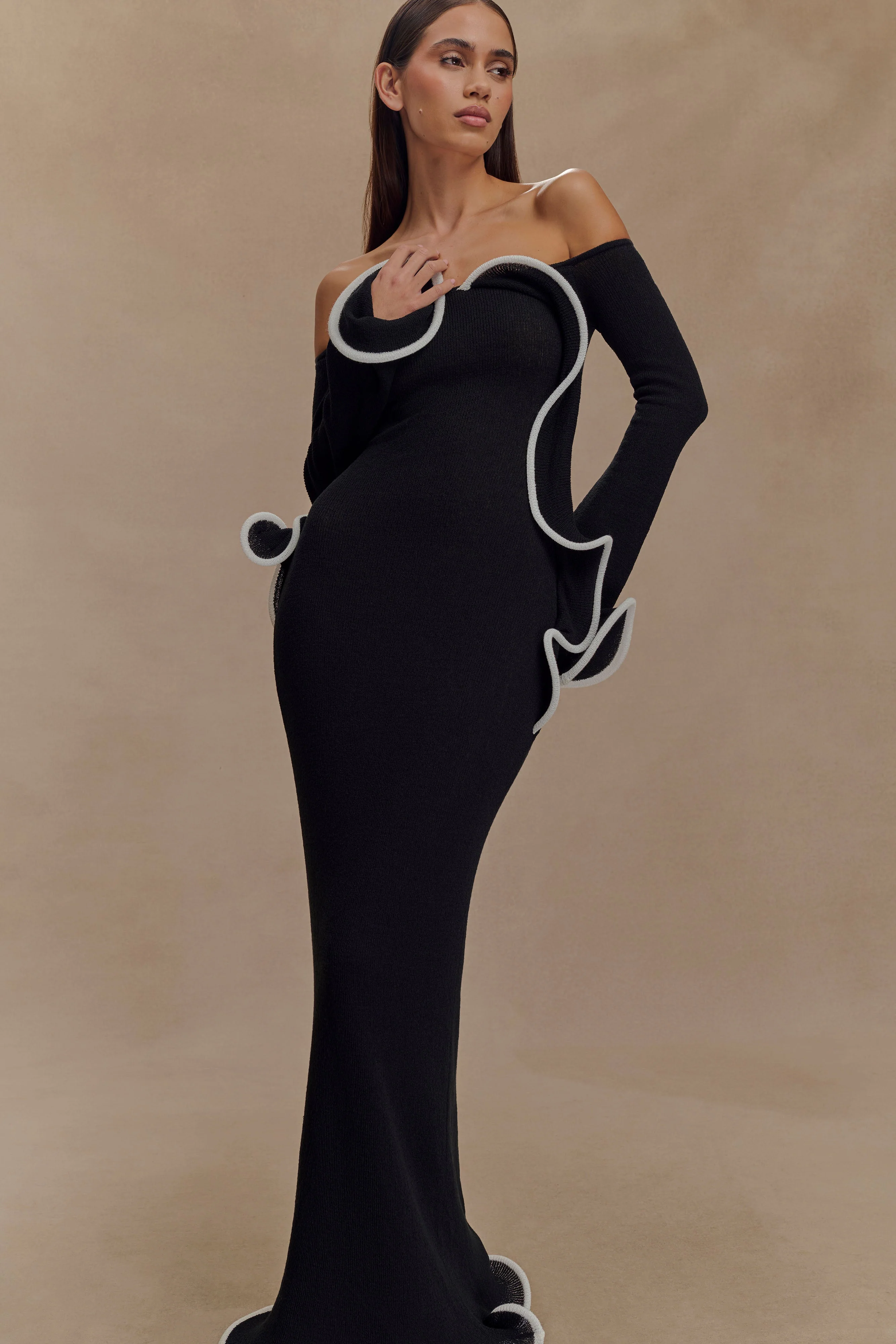 Sandrine Off Shoulder Knit Maxi Dress - Black/White - Image 5