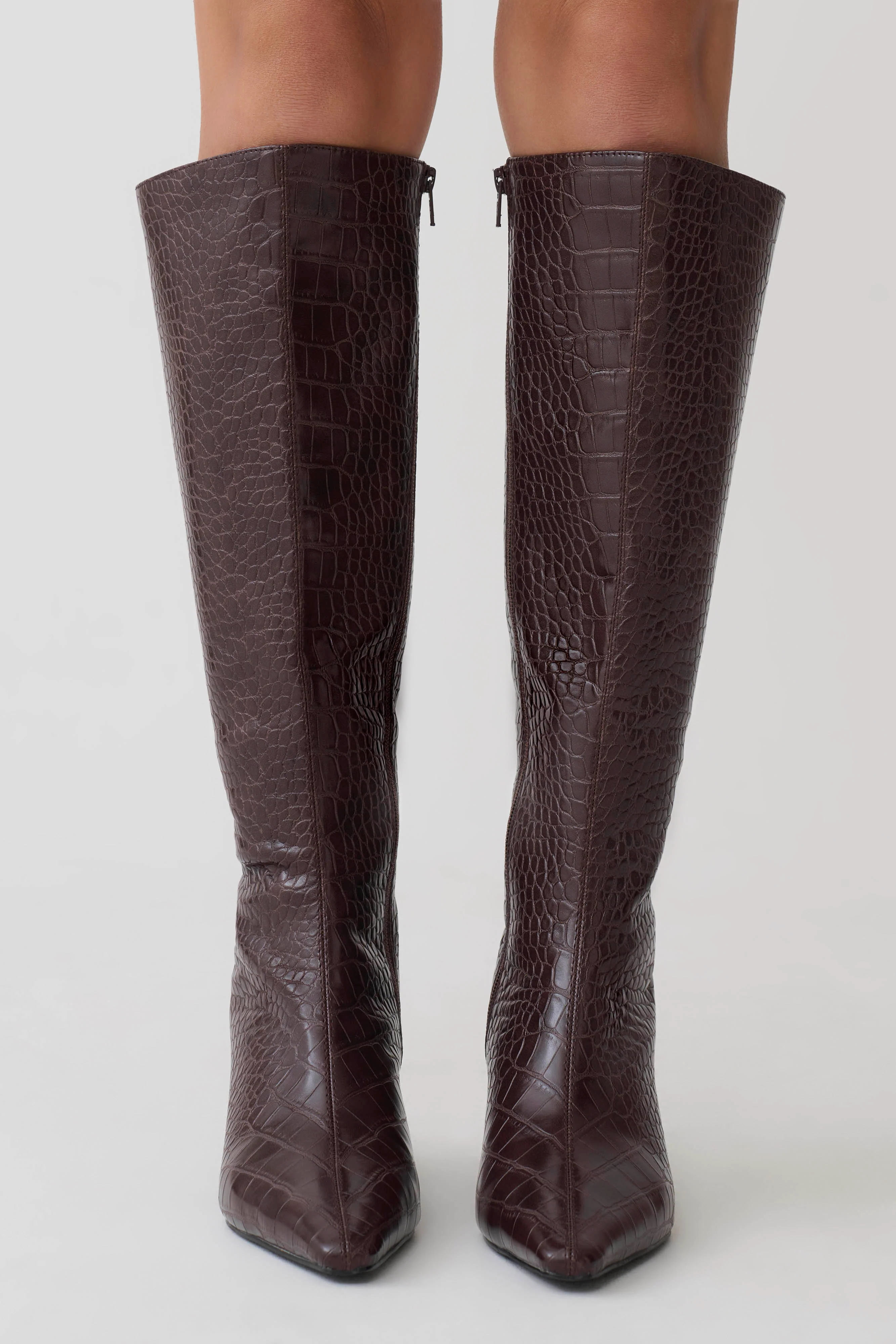 Sarah Faux Leather Crocodile Boot - Chocolate - Image 4