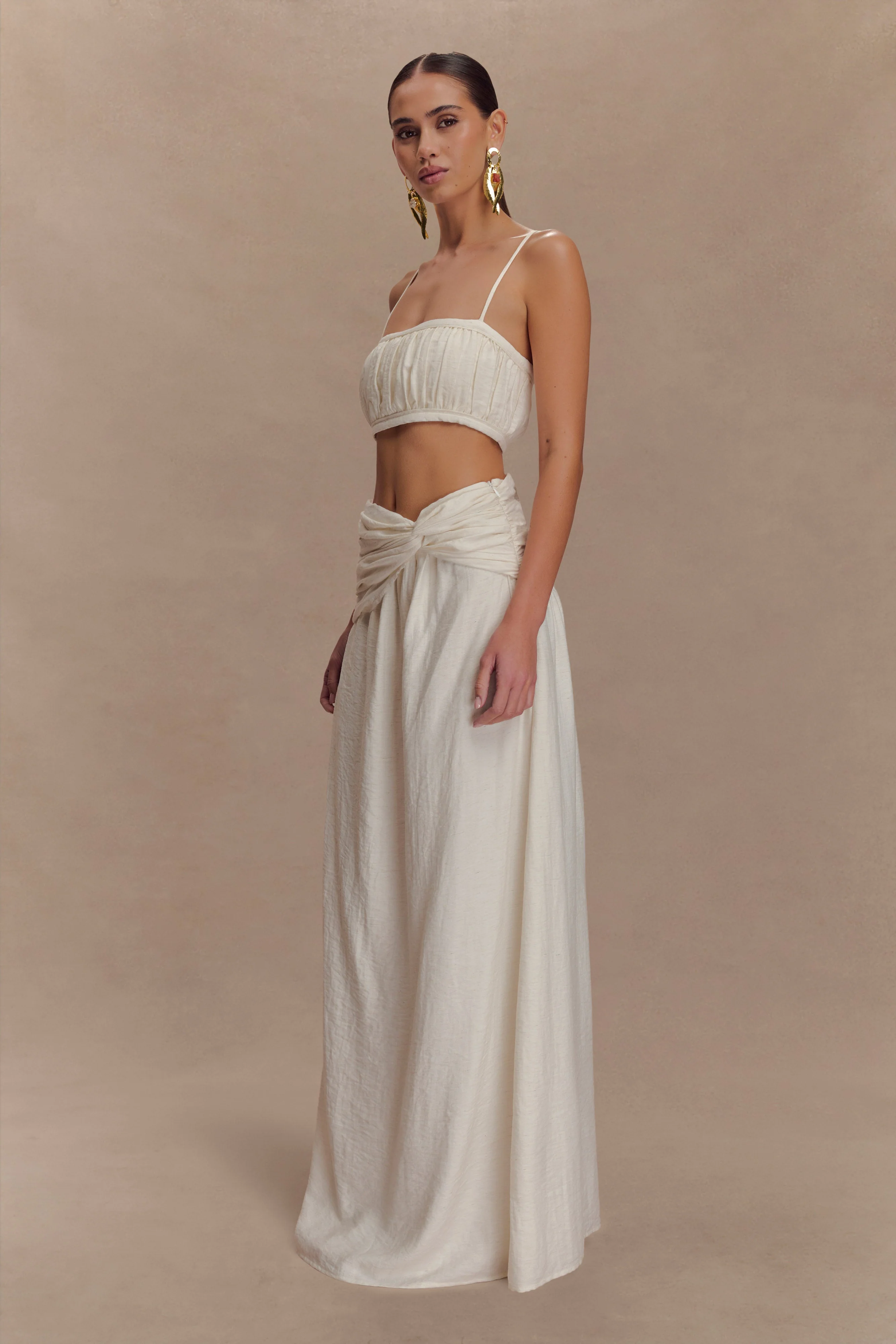 Scottie Gathered Linen Knot Maxi Skirt - Oat Marle - Image 5
