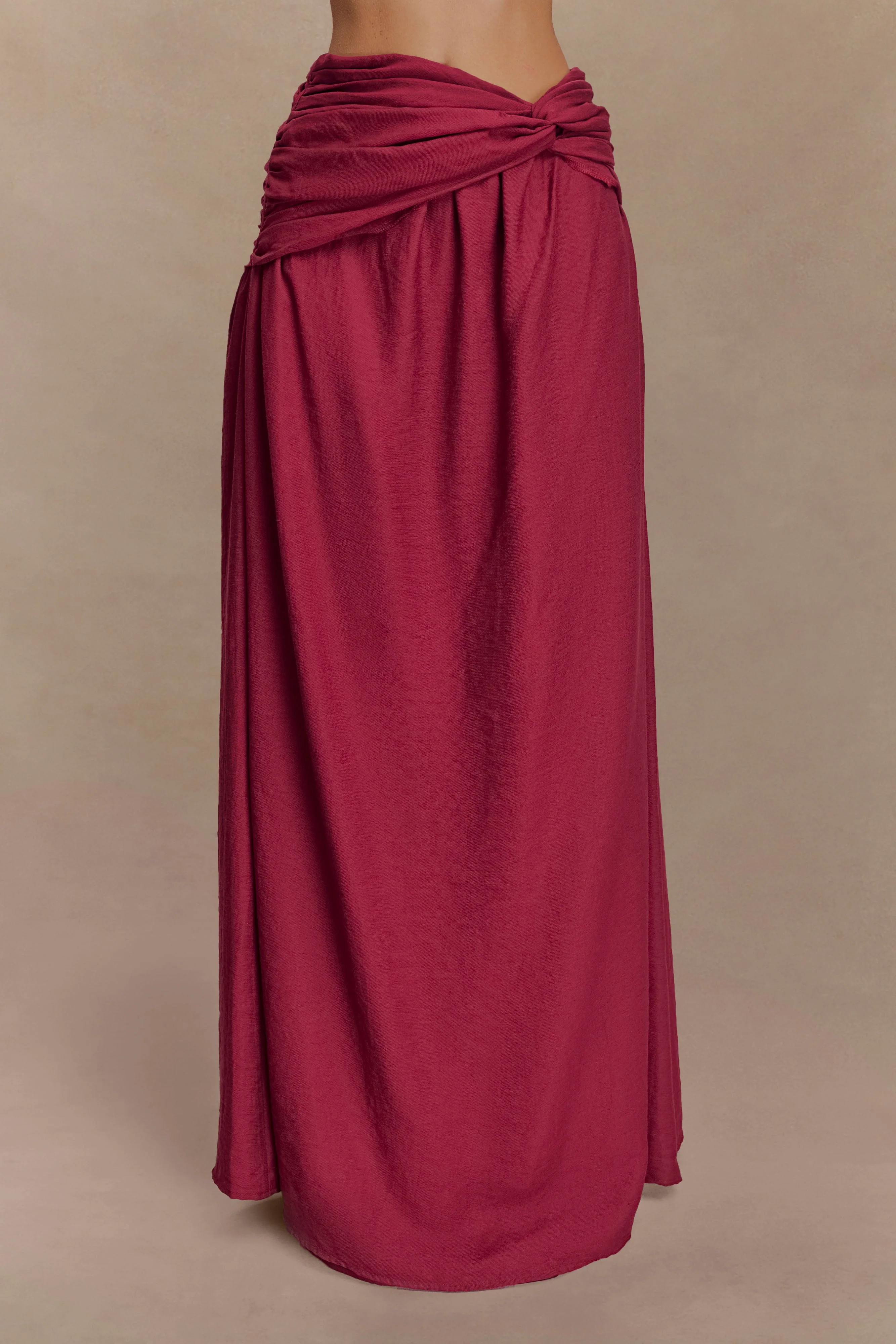 Scottie Gathered Linen Knot Maxi Skirt - Wine - Image 3