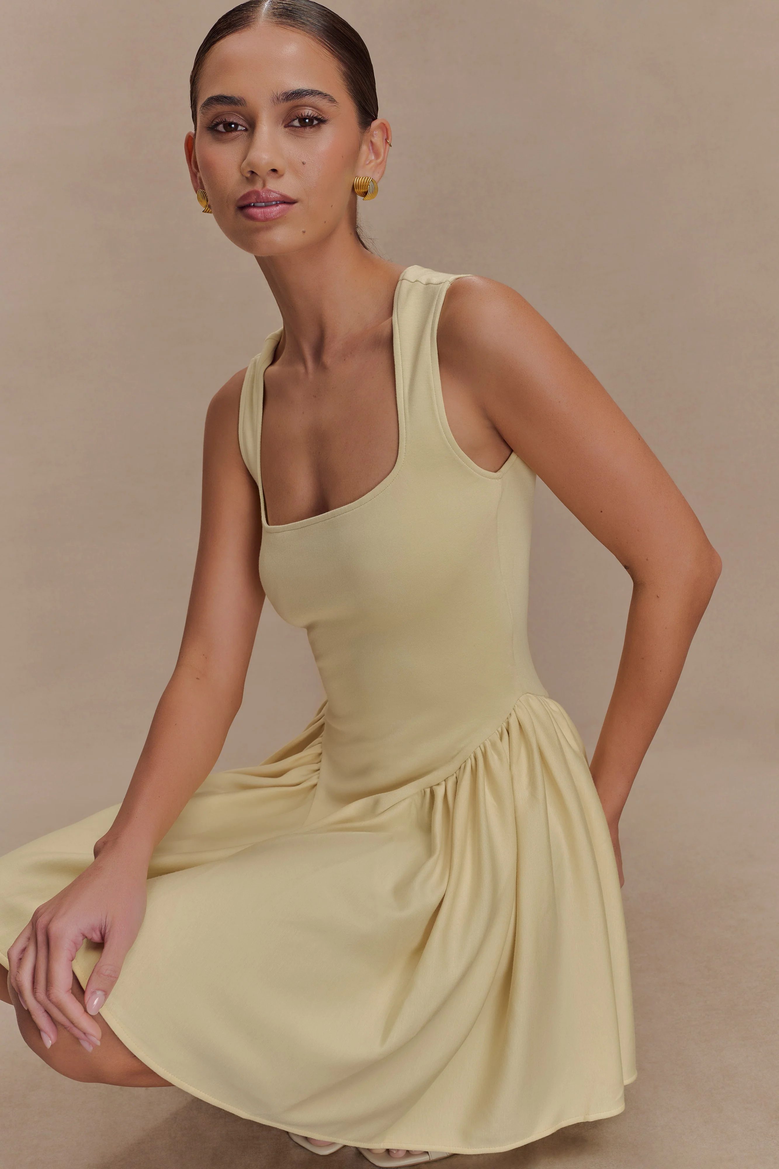 Sharon Scuba Jersey Mini Dress - Pastel Lemon - Image 3