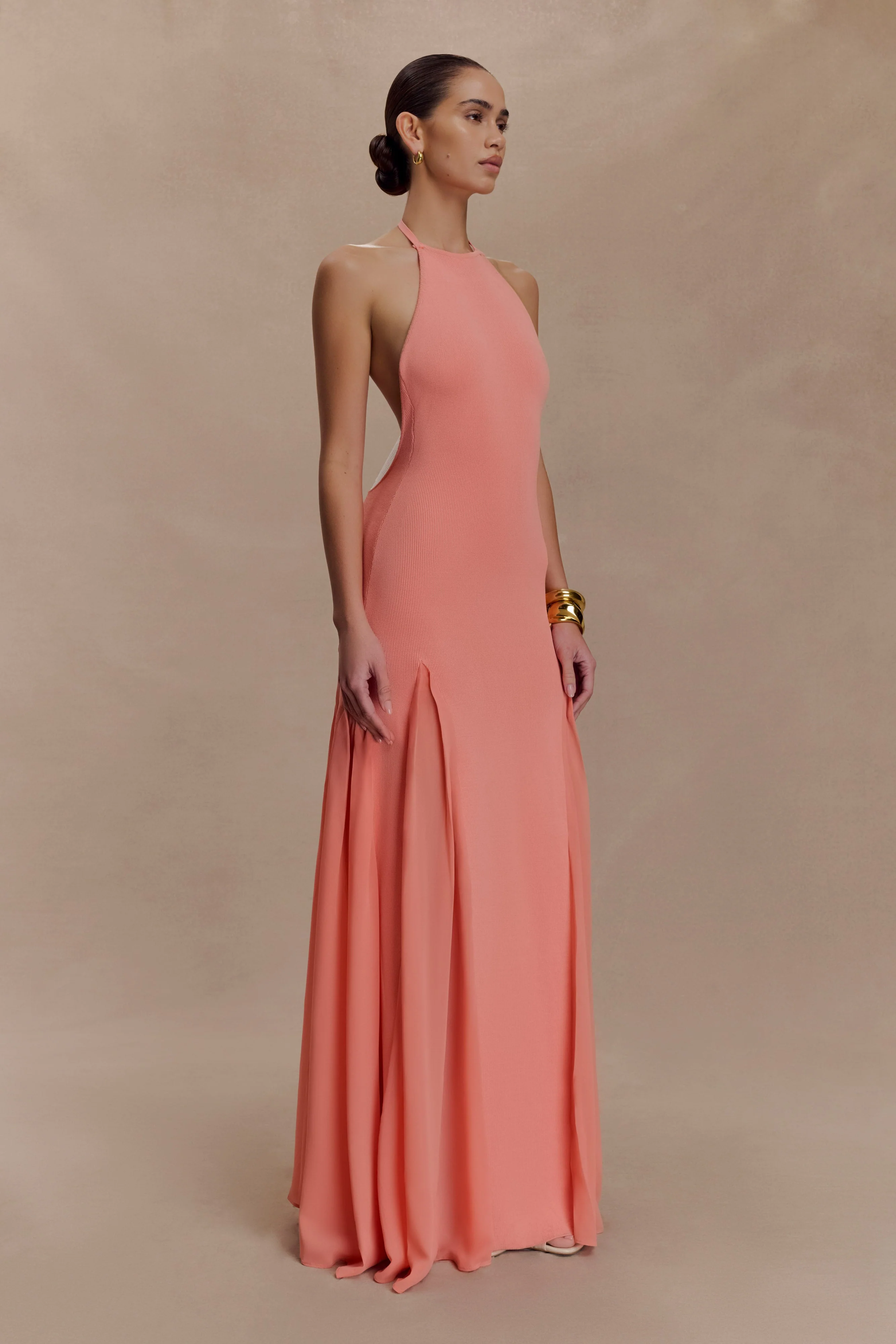 Soleil Knit And Mesh Halter Maxi Dress - Coral - Image 3