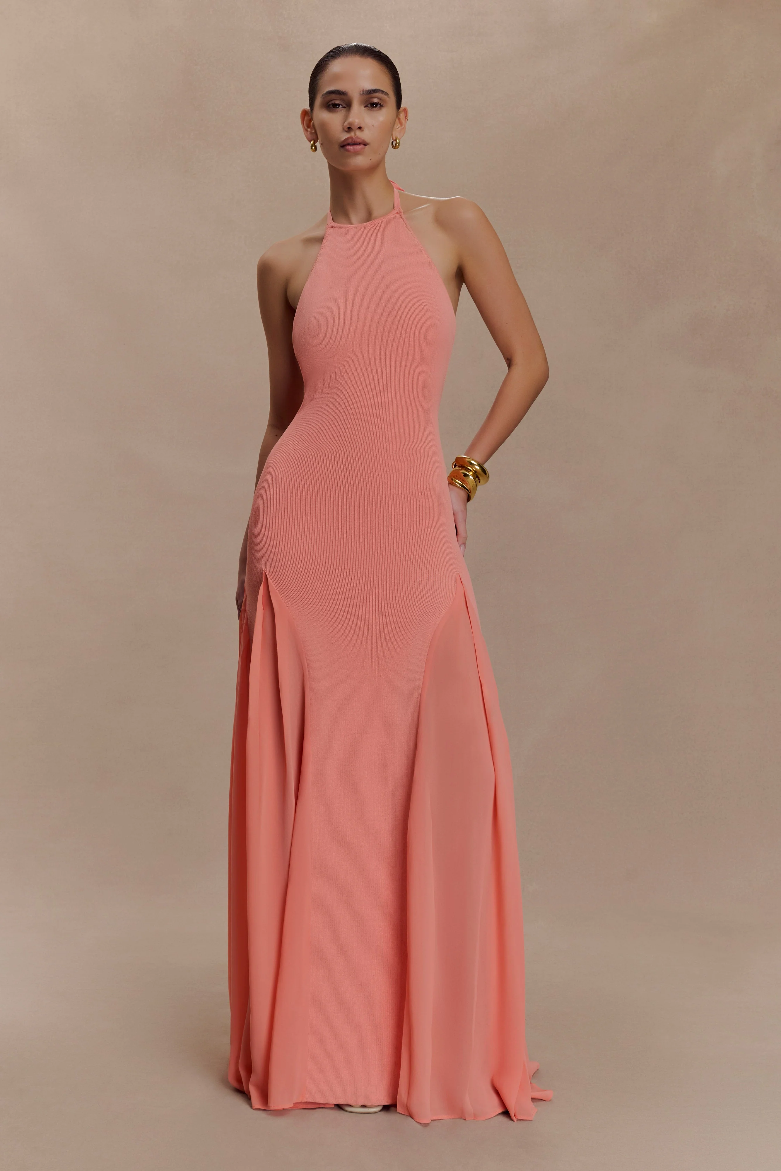 Soleil Knit And Mesh Halter Maxi Dress - Coral - Image 5