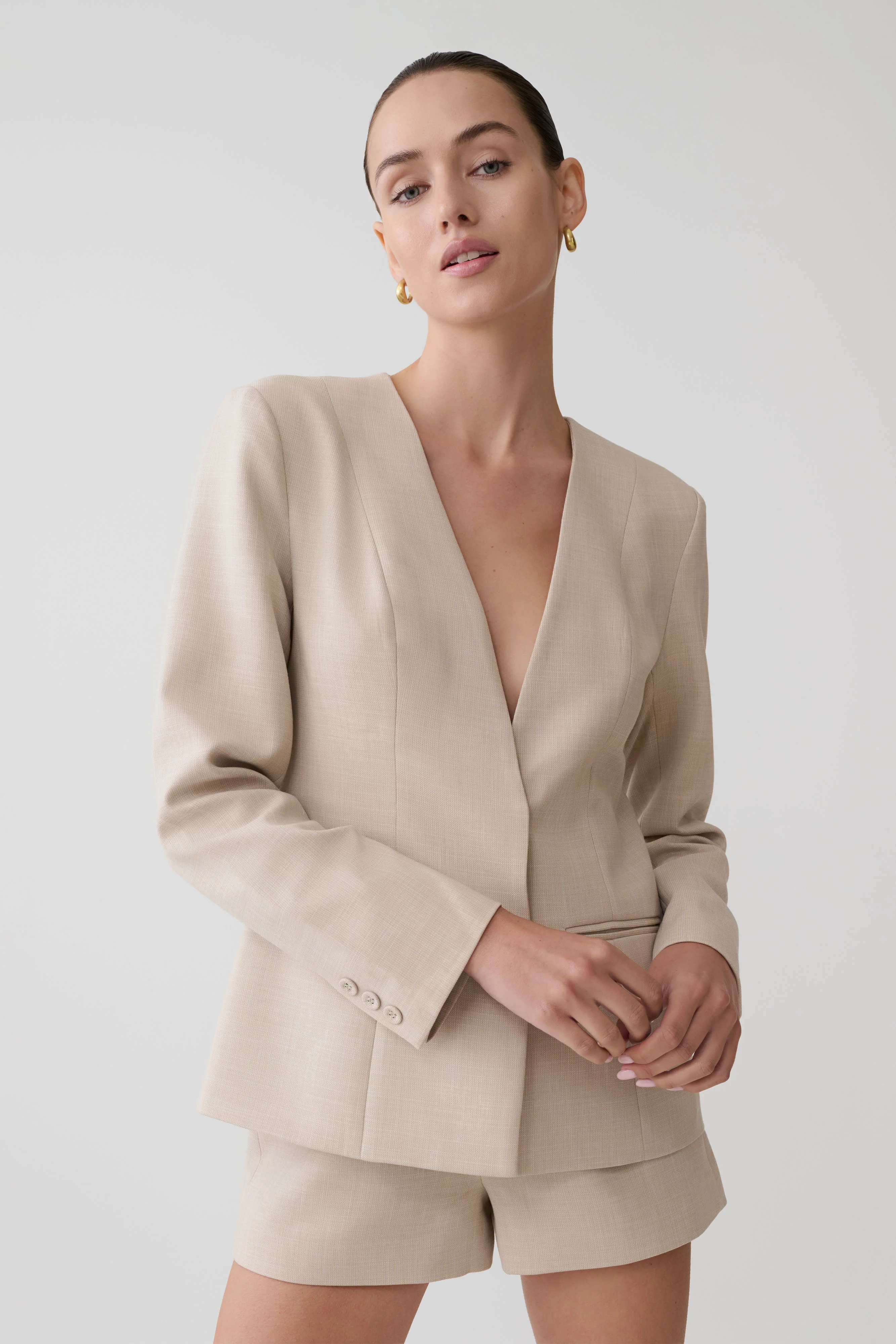 Solenne Collarless Suiting Blazer - Natural Marle - Image 3