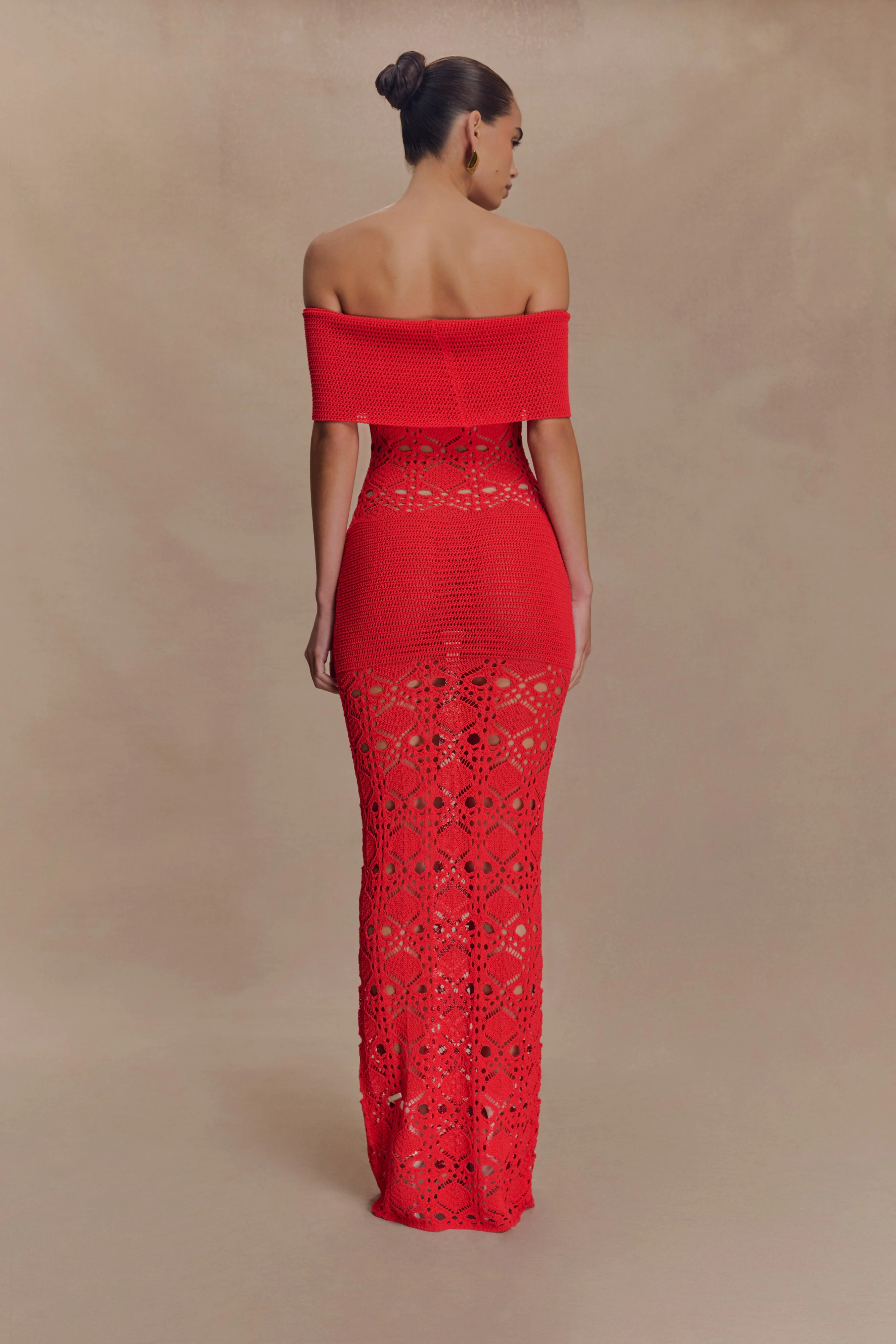 Solstice Off Shoulder Crochet Knit Maxi Dress - Blood Orange - Image 2