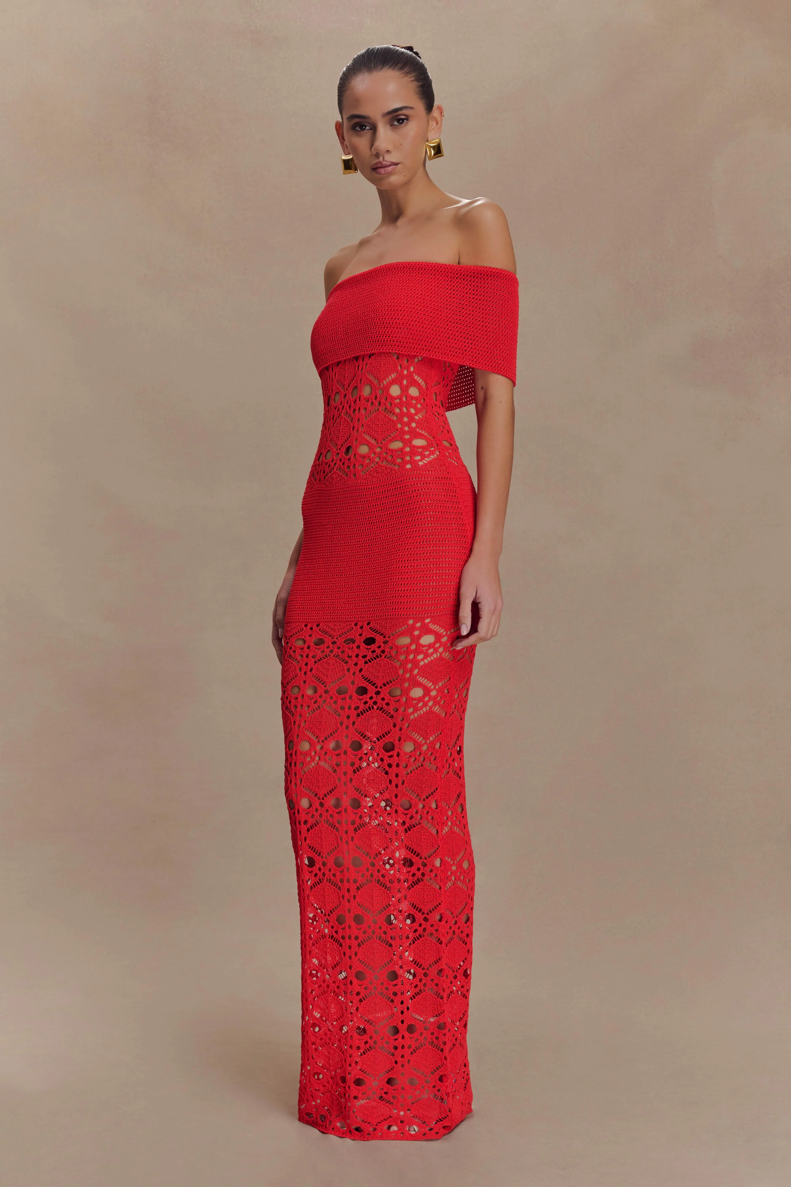 Solstice Off Shoulder Crochet Knit Maxi Dress - Blood Orange - Image 4