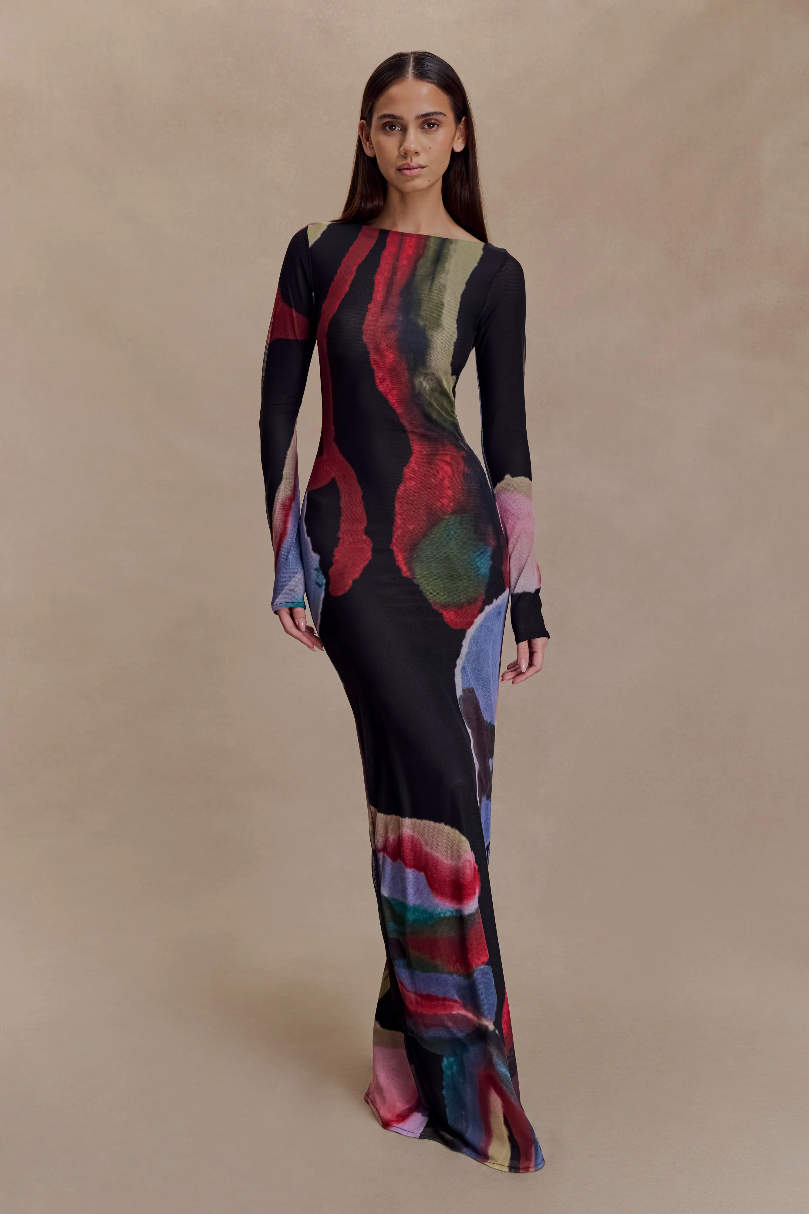 Soraya Long Sleeve Mesh Maxi Dress - Multi Fluid Reverie Print - Image 6