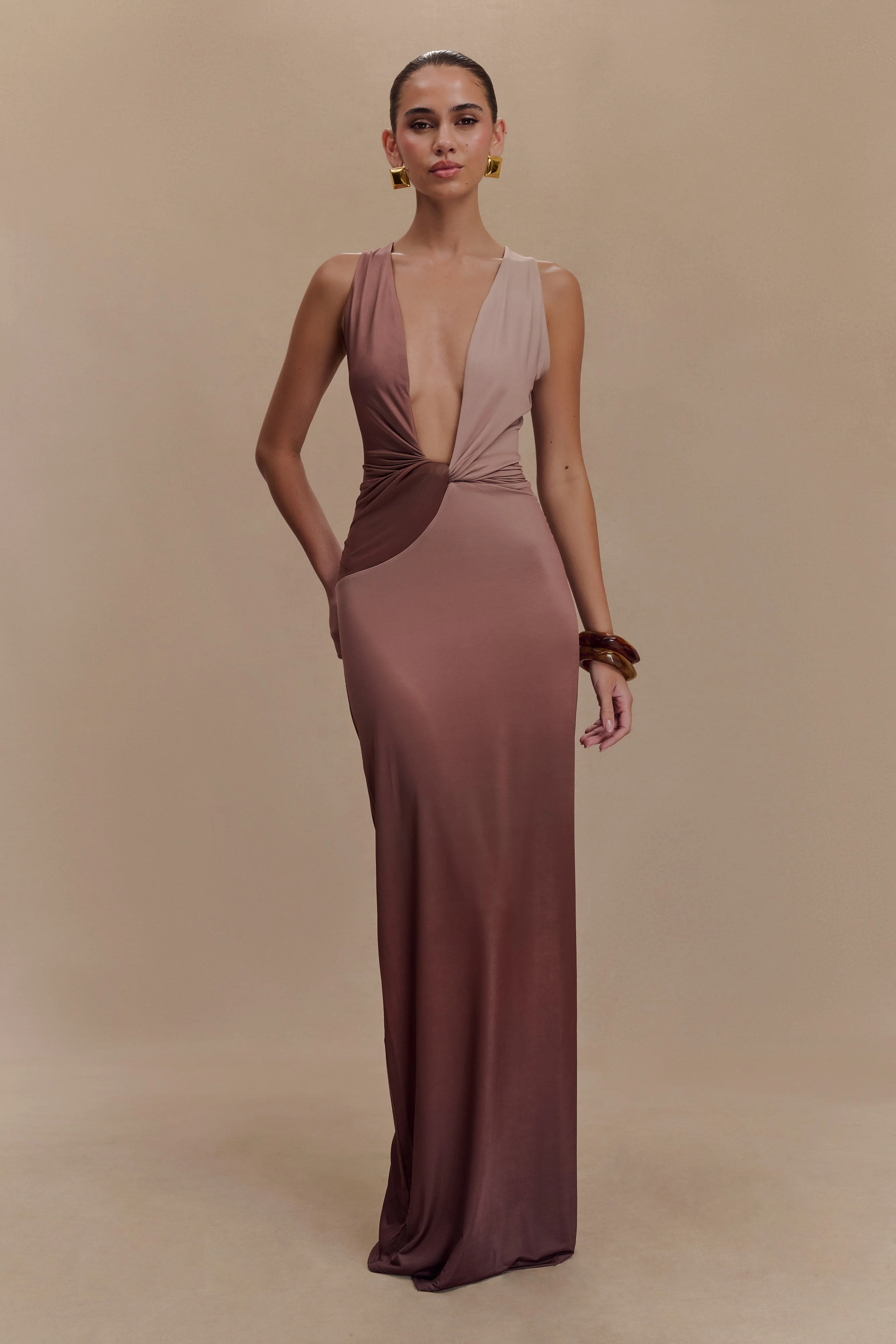 Stella Draped Slinky Maxi Dress - Mocha Ombre - Image 5