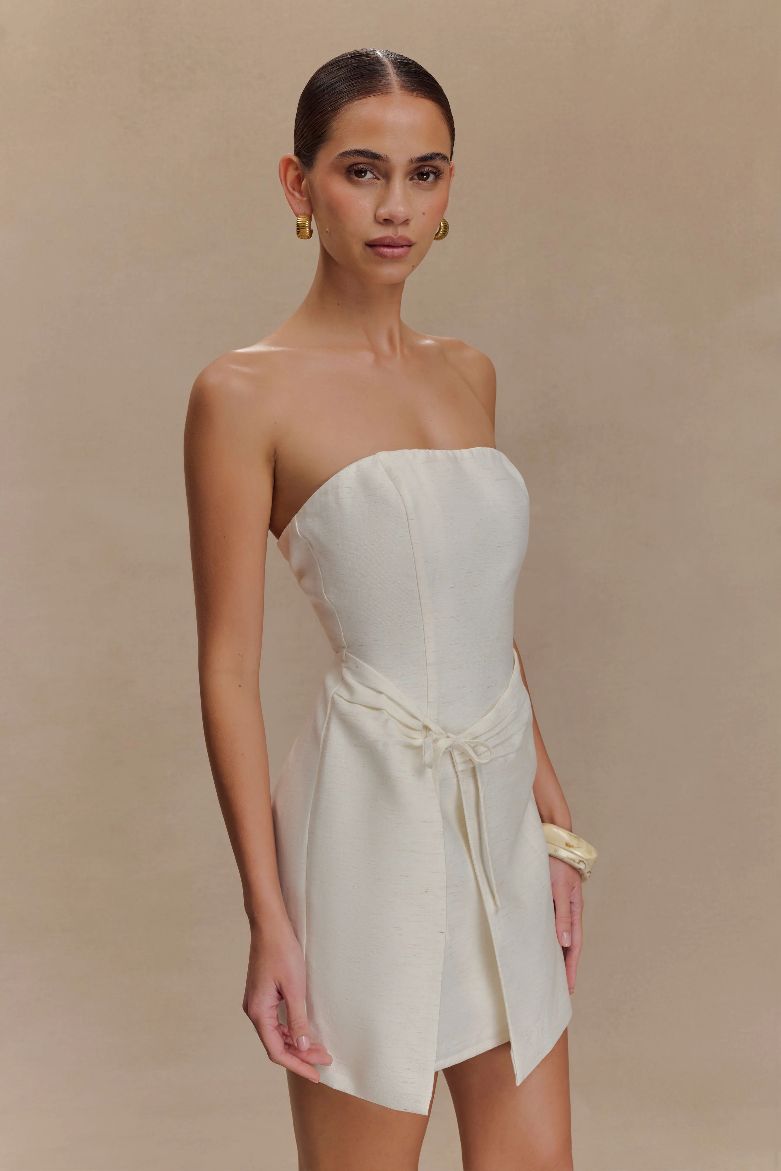 Steph Strapless Linen Mini Dress - White - Image 4