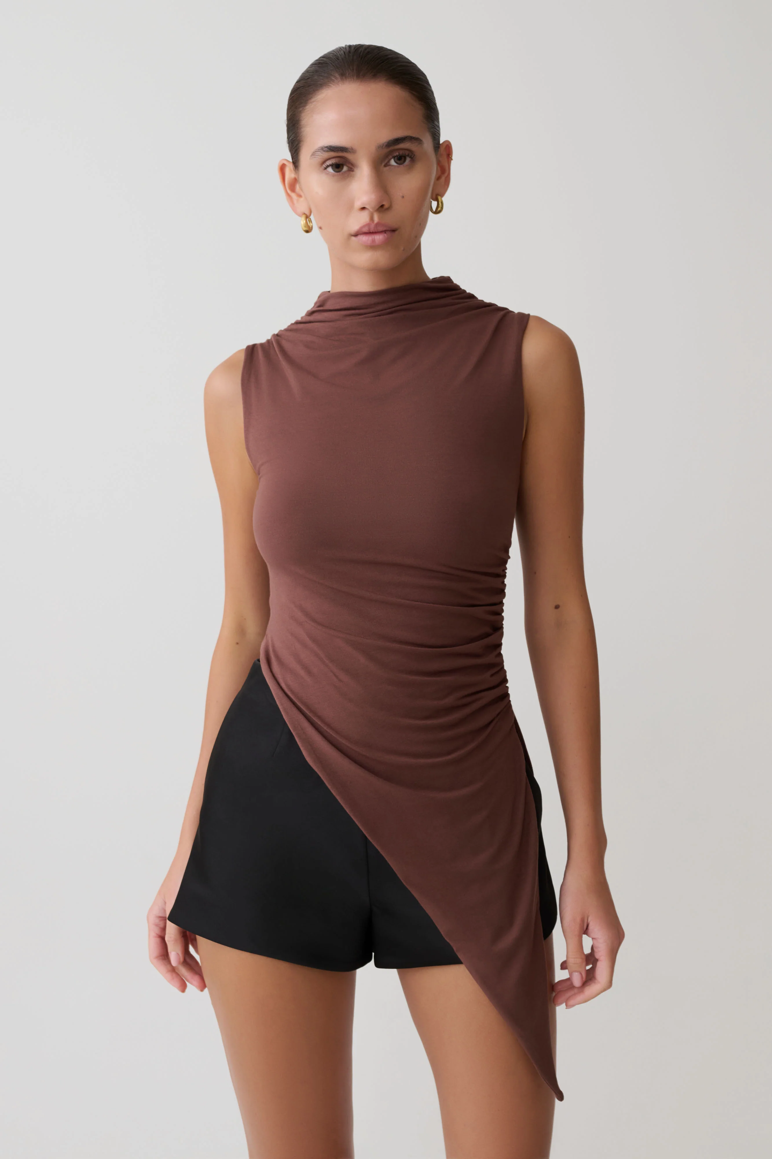 Suong High Neck Gathered Top - Mocha - Image 3