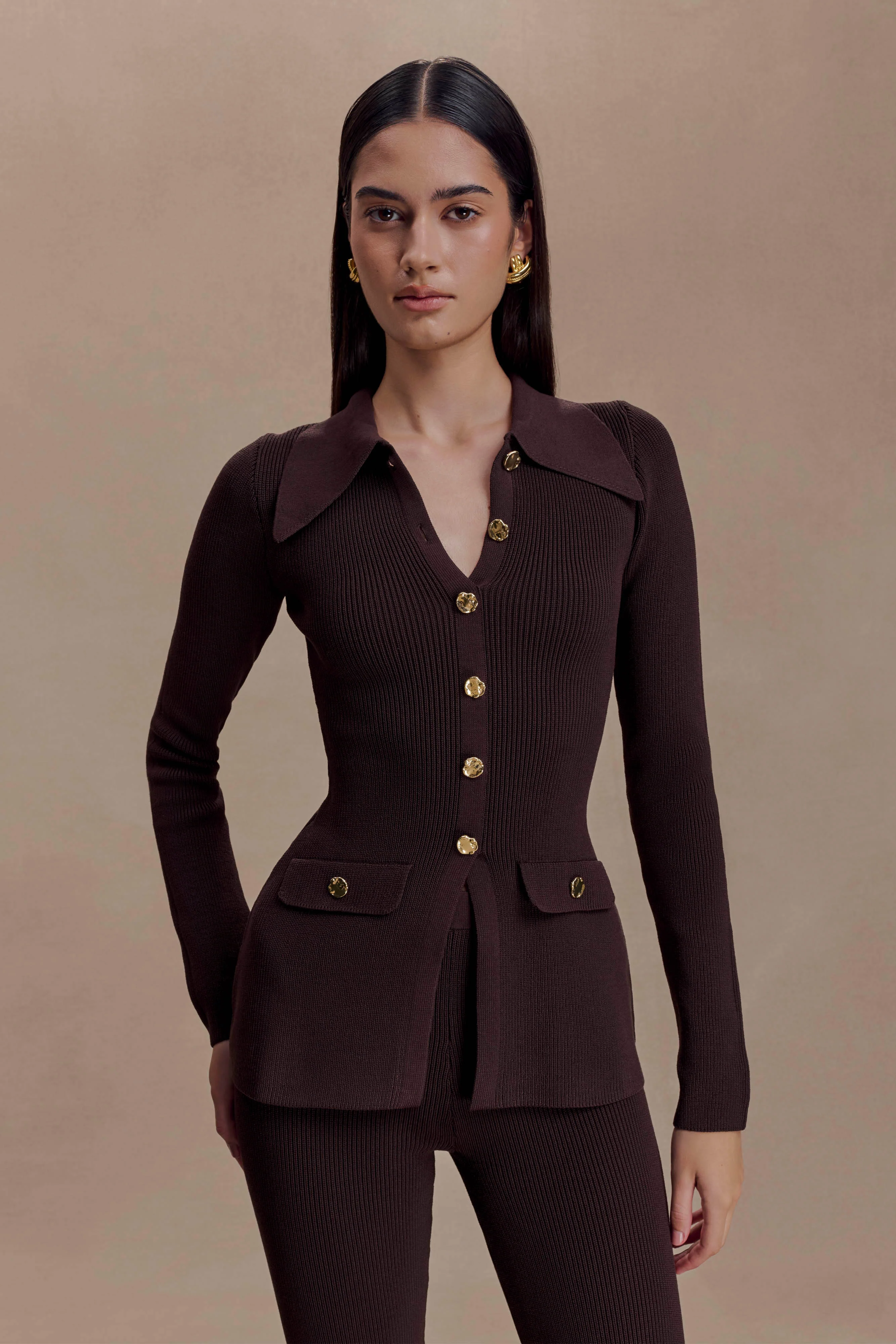 Suzie Ribbed Long Sleeve Longline Top - Chocolate - Image 2