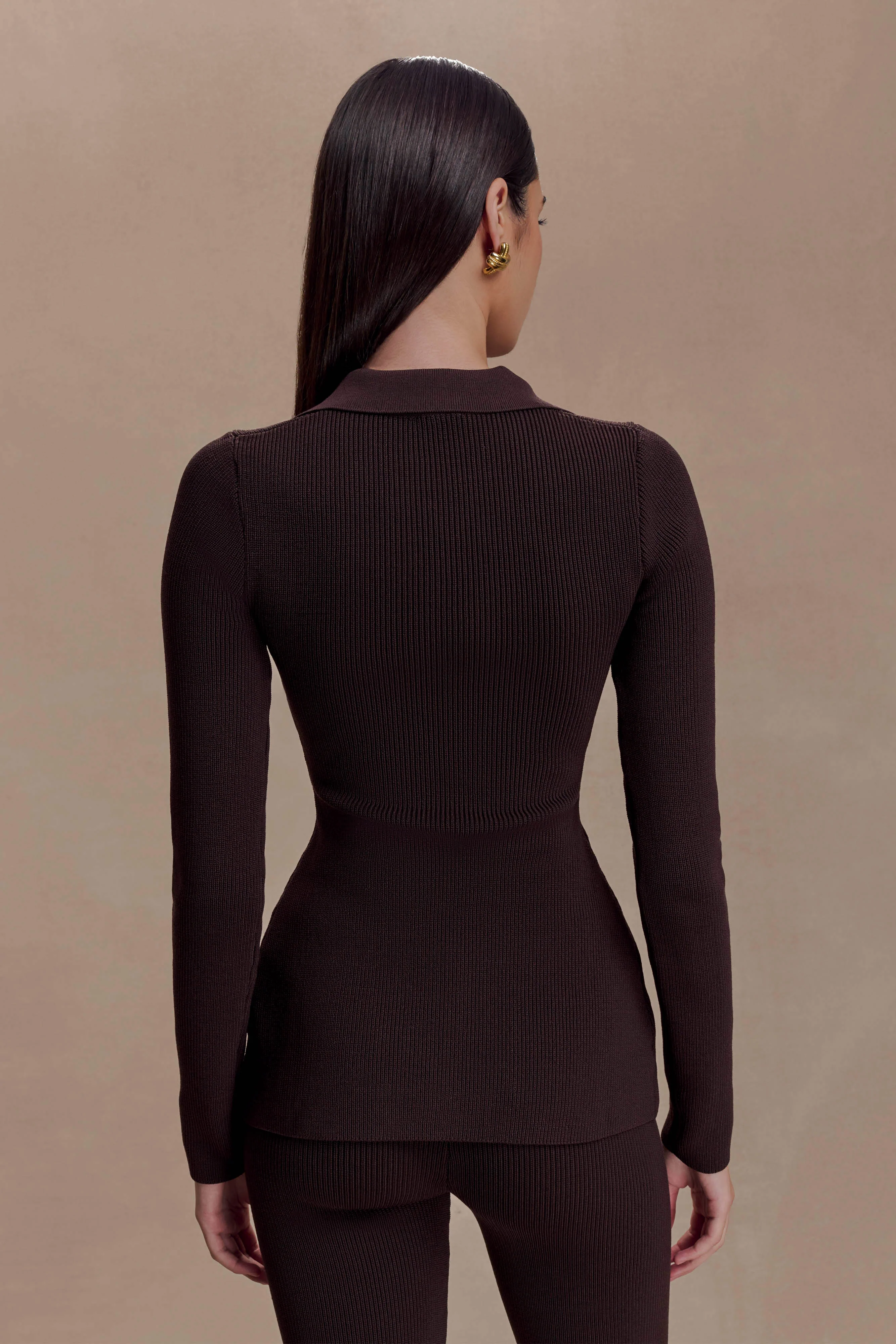 Suzie Ribbed Long Sleeve Longline Top - Chocolate - Image 3