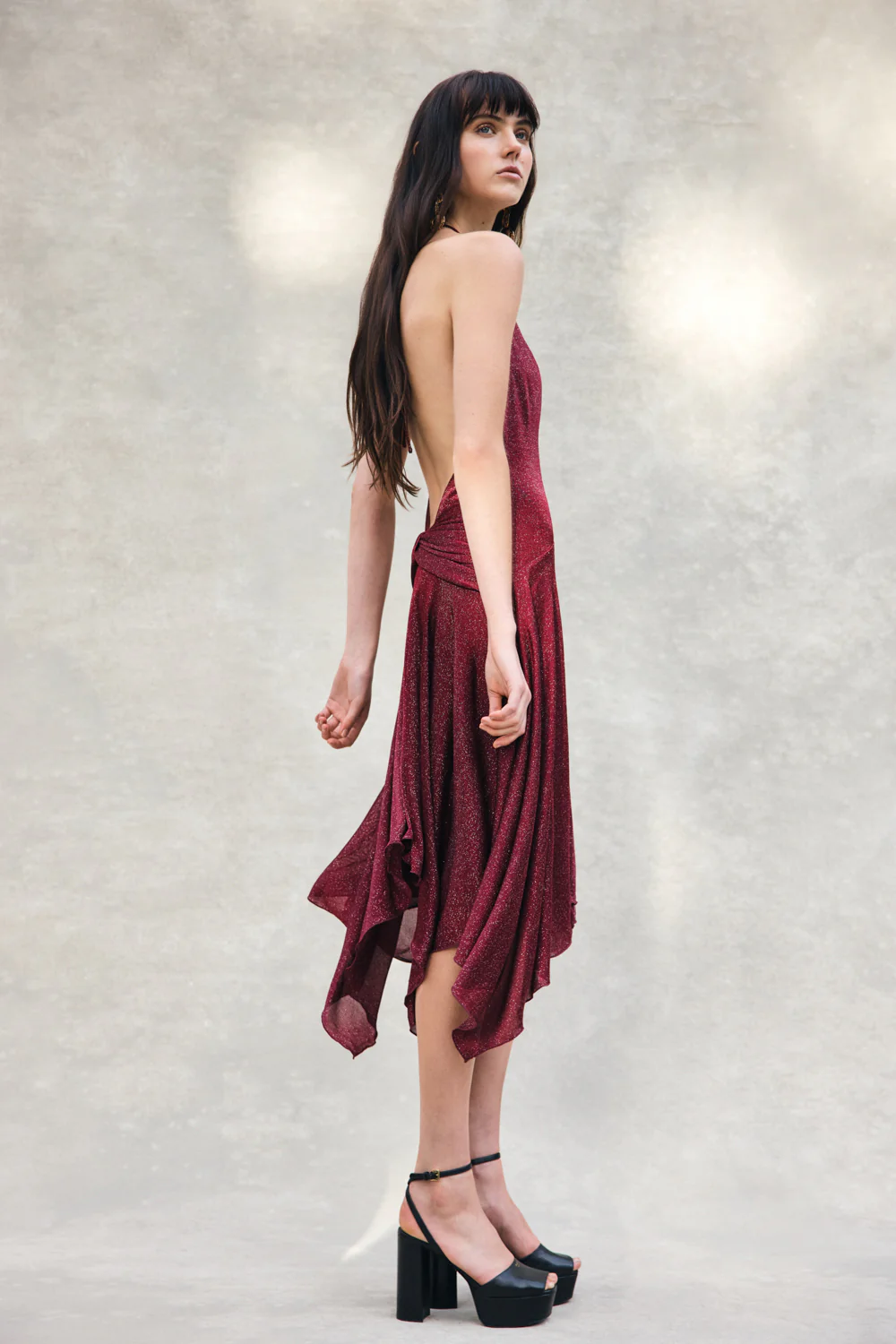 Sylvie Lurex Hankie Midi Dress - Wine - Image 2