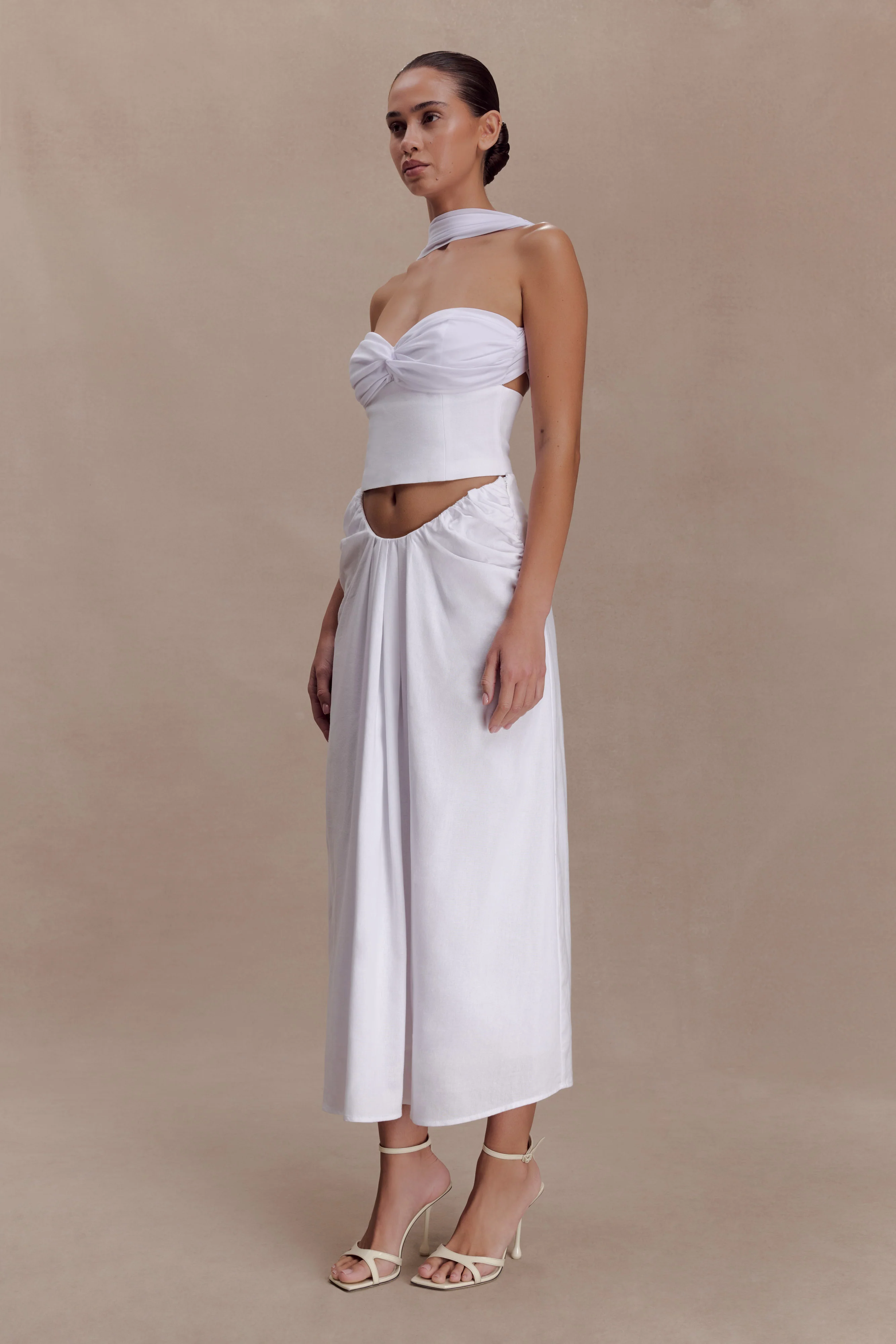 Talia Draped Linen Midi Skirt - White - Image 3
