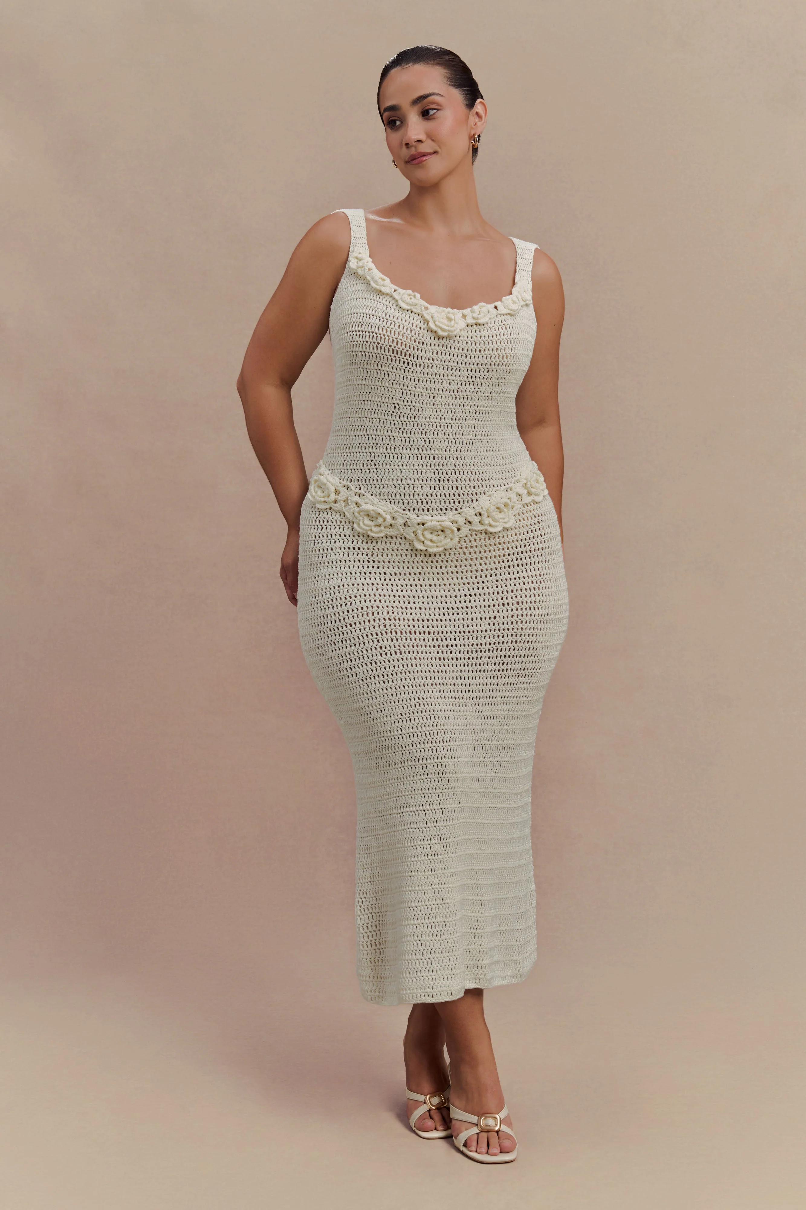 Teagan Floral Hand Crochet Midi Dress - Ivory - Image 5