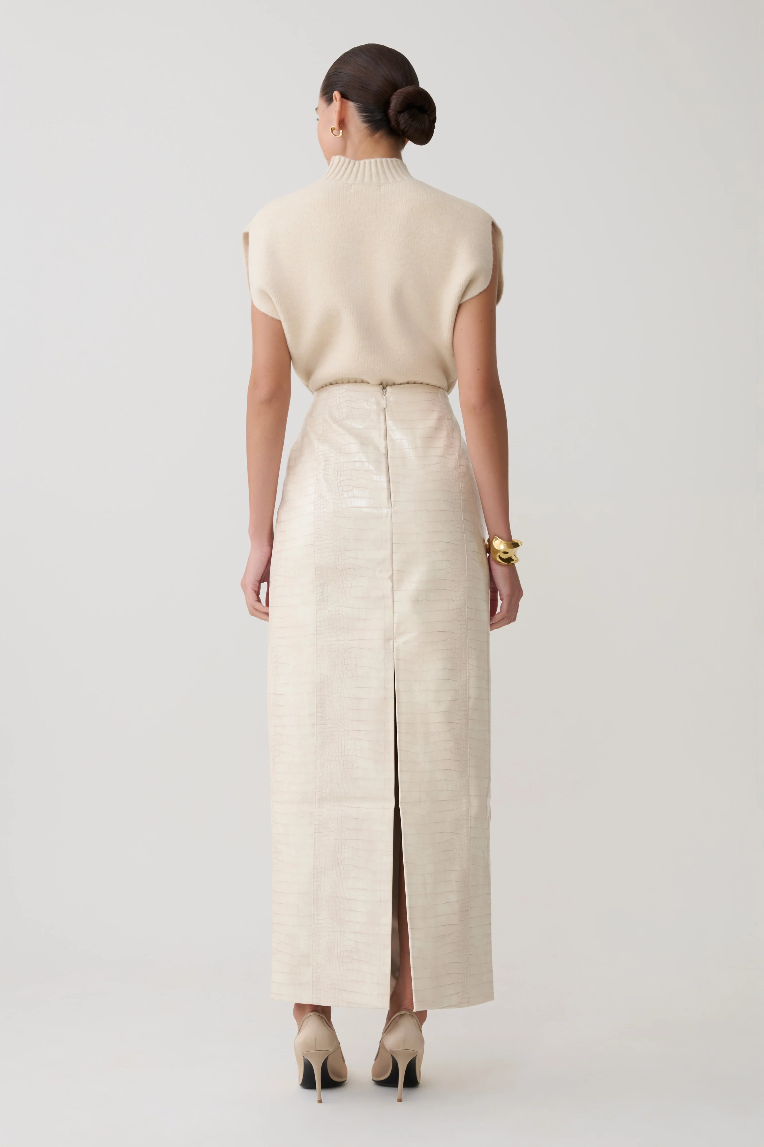 Thalia Croc Faux Leather Midi Skirt - Ivory - Image 2