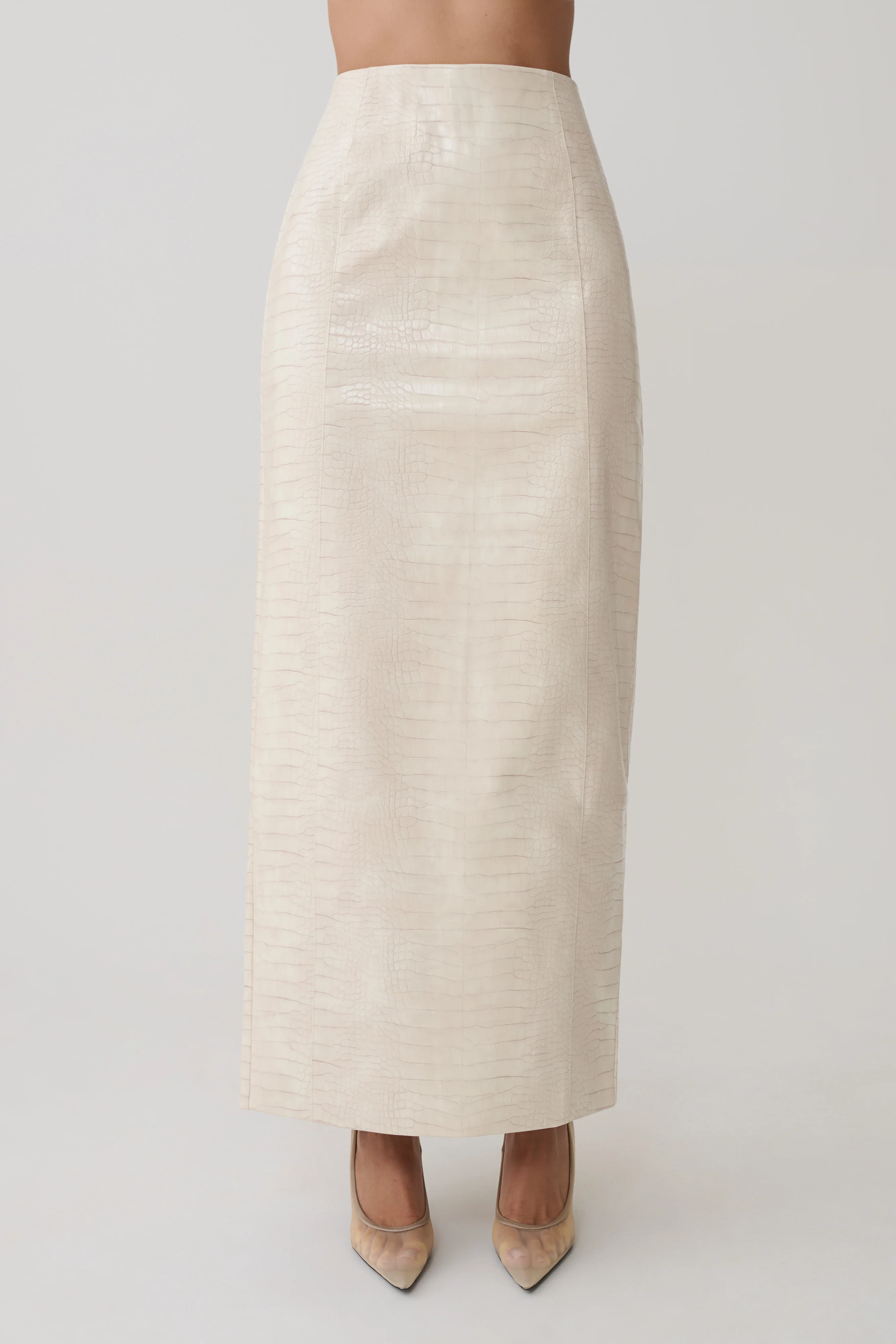 Thalia Croc Faux Leather Midi Skirt - Ivory - Image 4