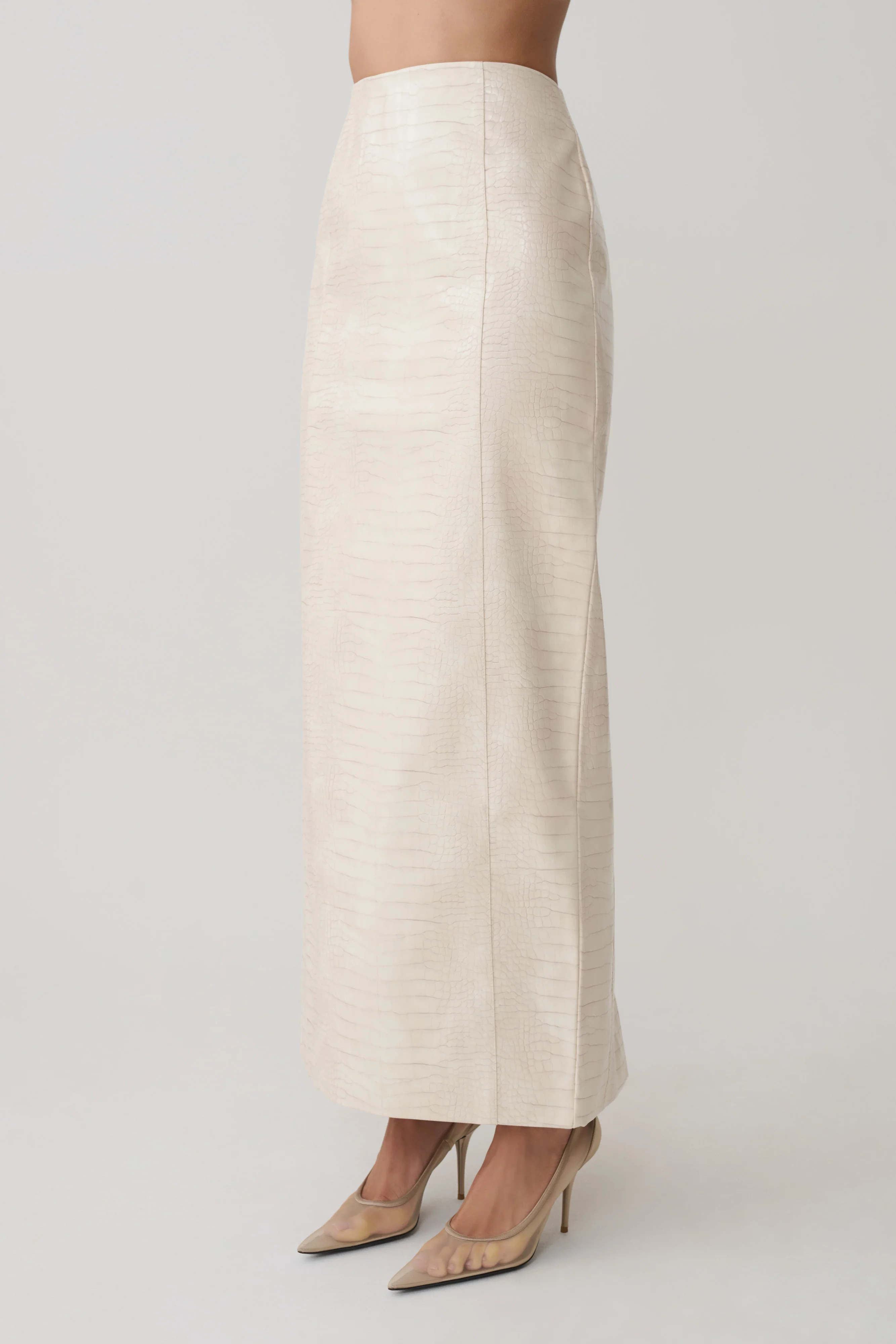 Thalia Croc Faux Leather Midi Skirt - Ivory - Image 5