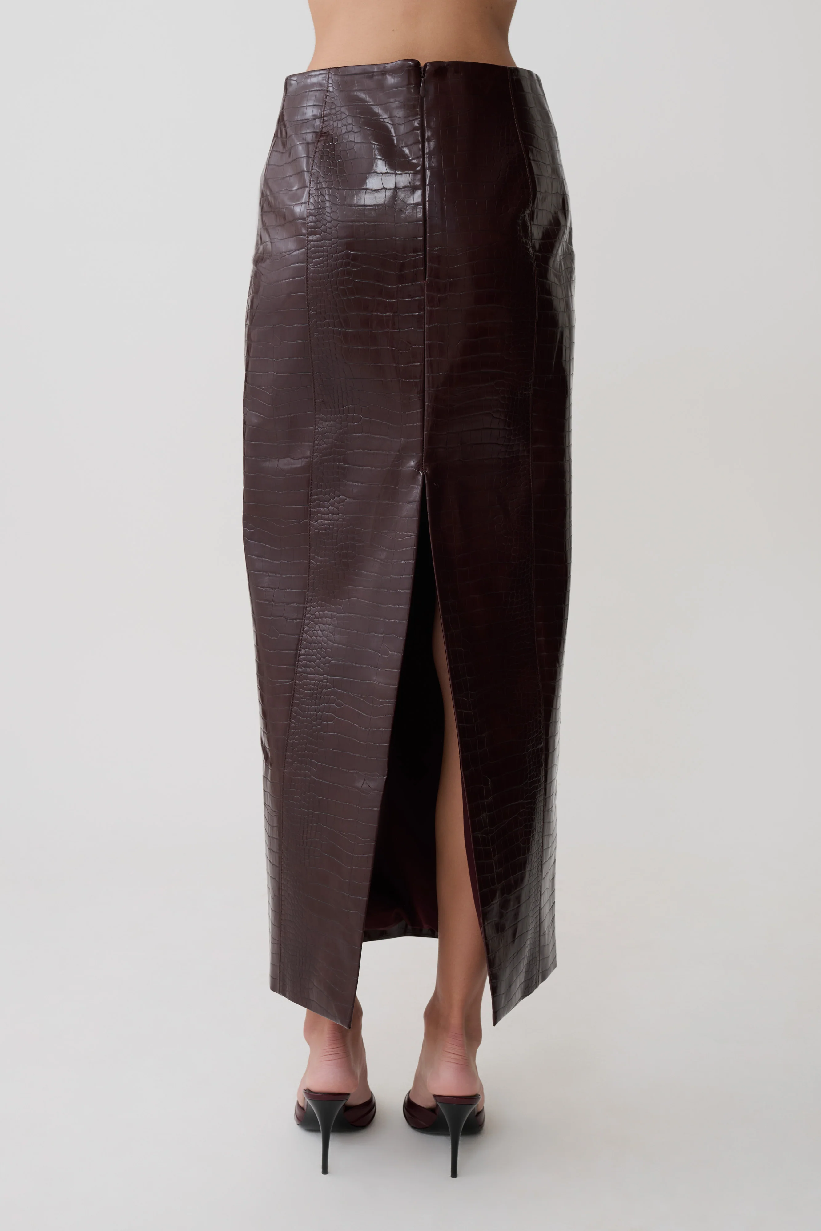 Thalia Croc Faux Leather Midi Skirt - Merlot - Image 10