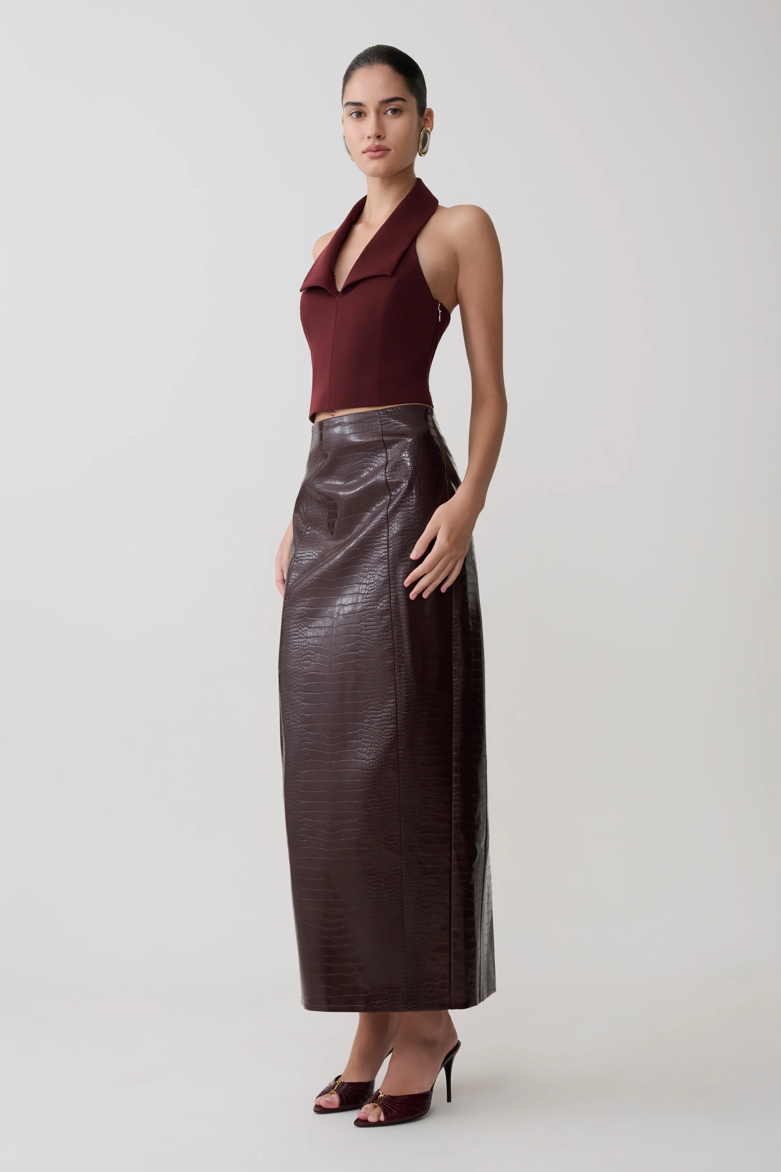 Thalia Croc Faux Leather Midi Skirt - Merlot - Image 2