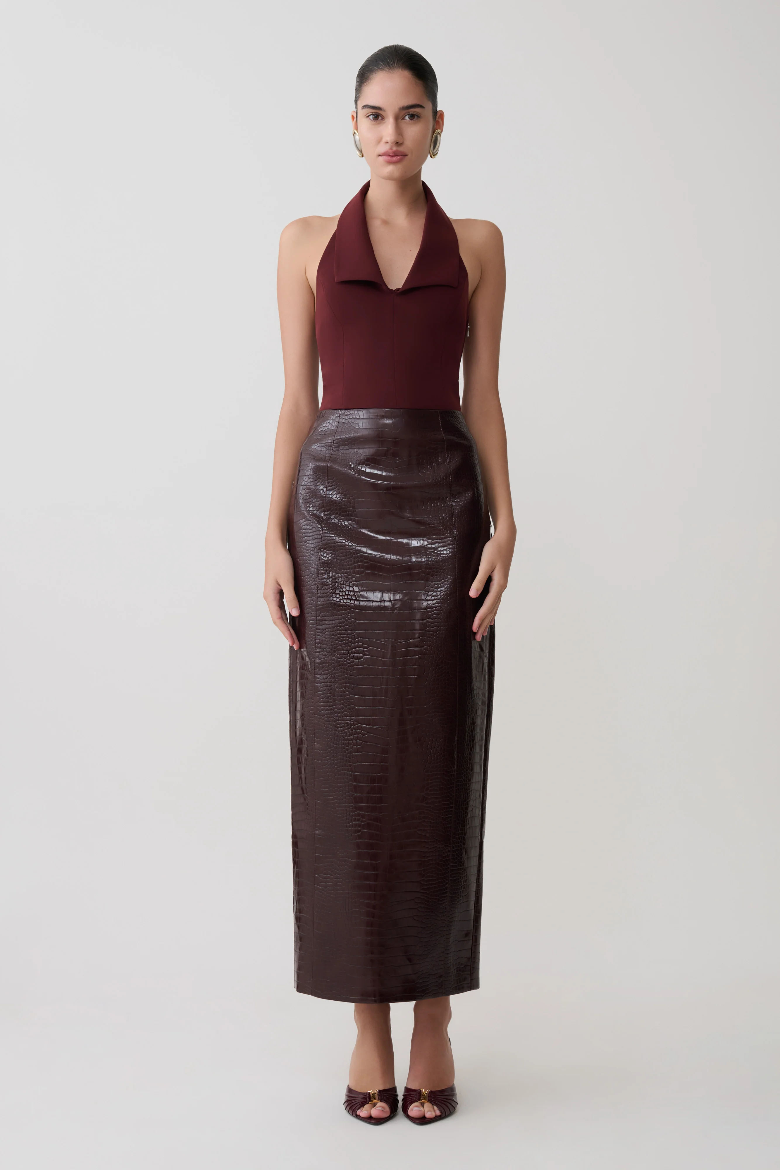 Thalia Croc Faux Leather Midi Skirt - Merlot - Image 3