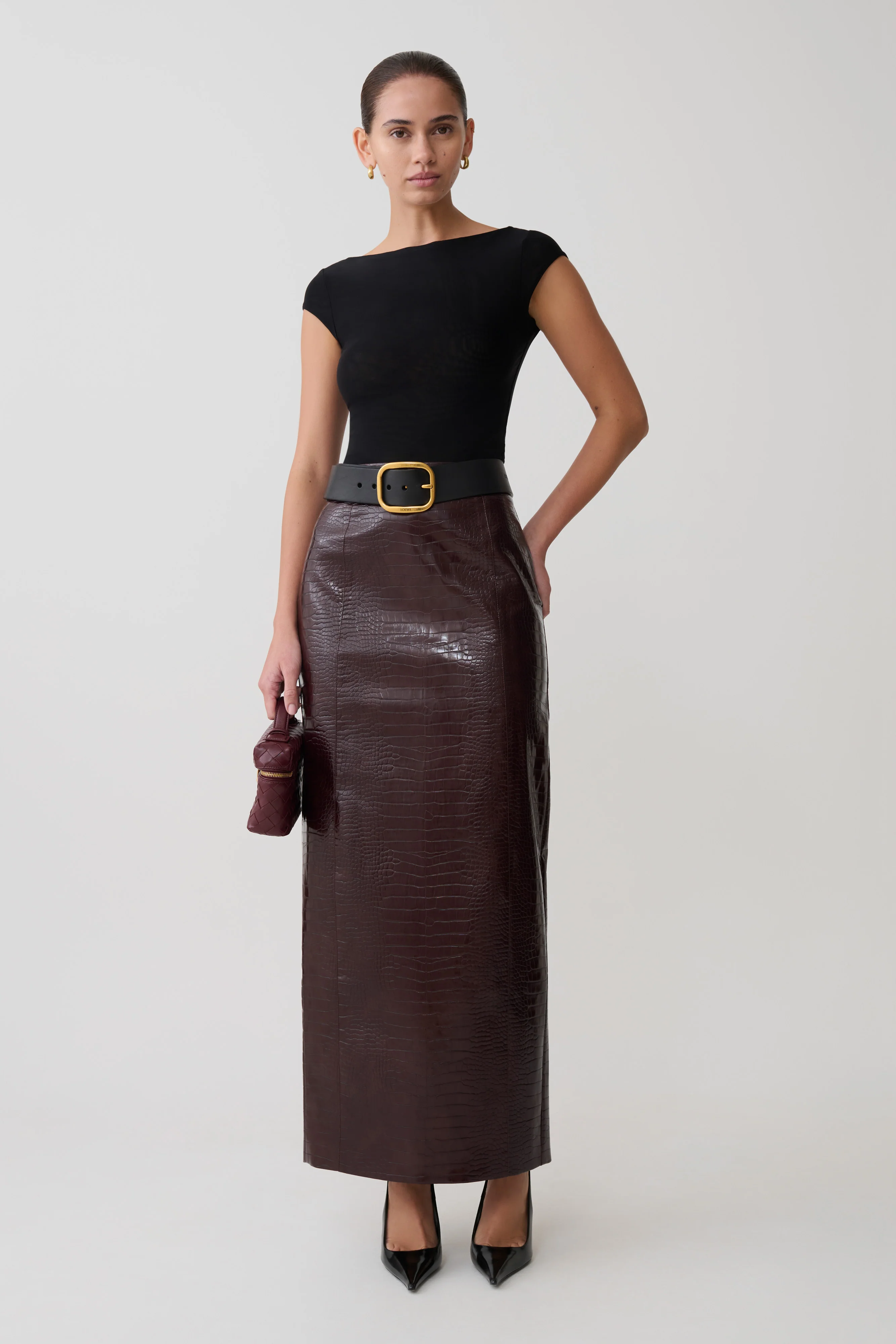 Thalia Croc Faux Leather Midi Skirt - Merlot - Image 5