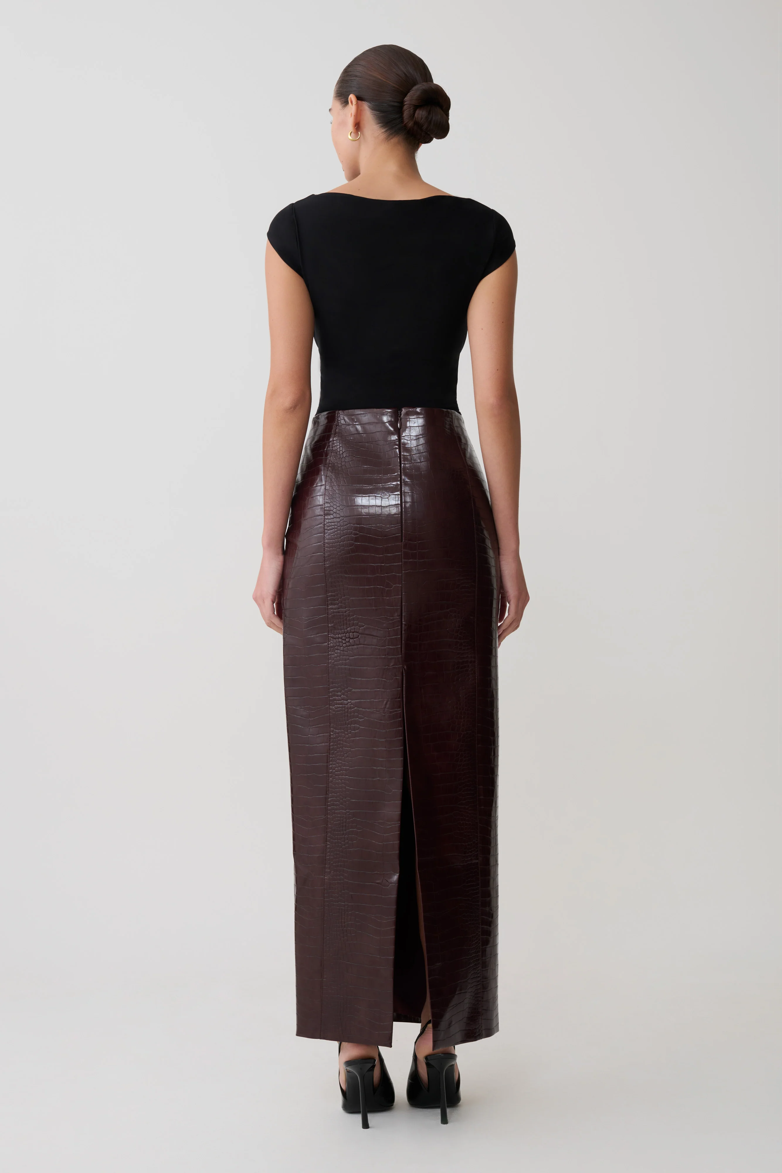 Thalia Croc Faux Leather Midi Skirt - Merlot - Image 6