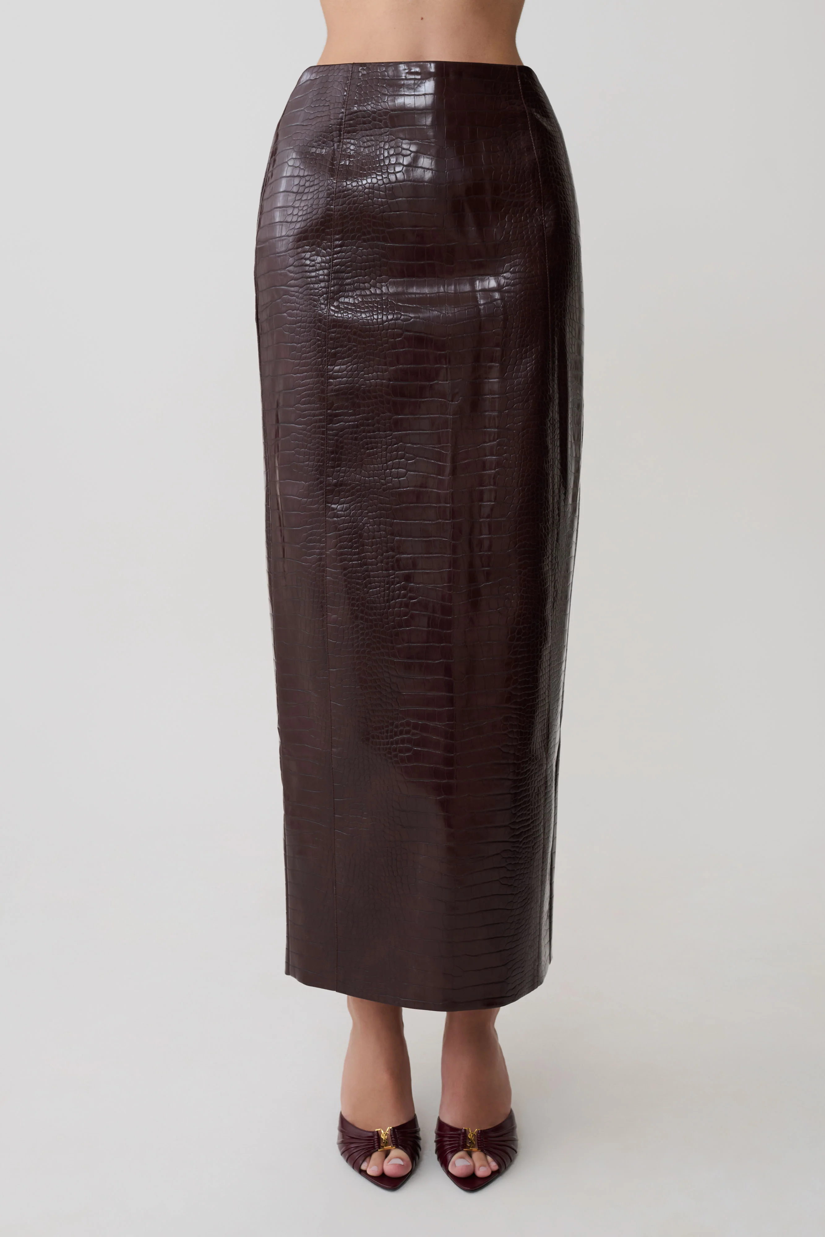 Thalia Croc Faux Leather Midi Skirt - Merlot - Image 8