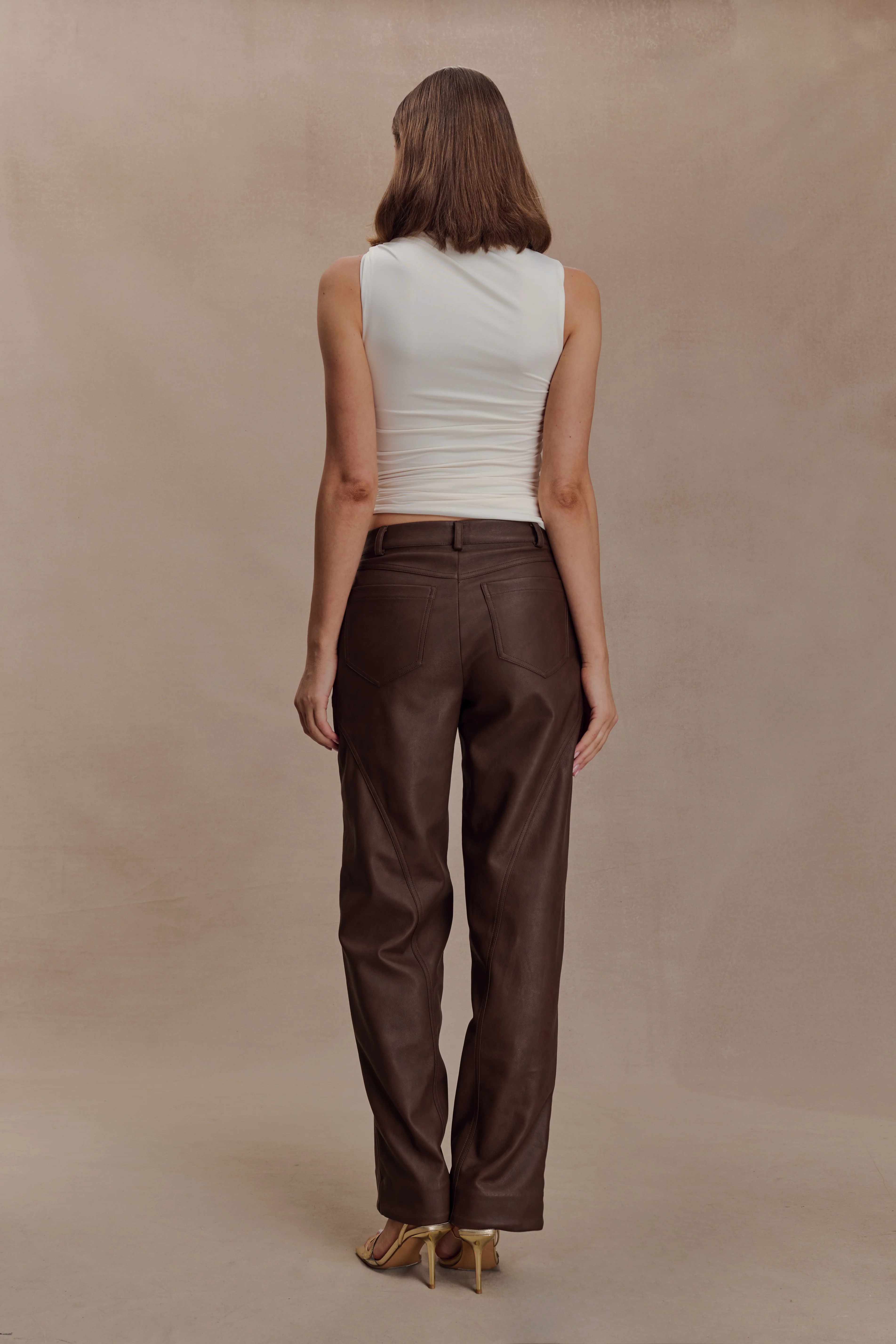 Theo Faux Leather Mid Rise Pants - Dark Chocolate - Image 2