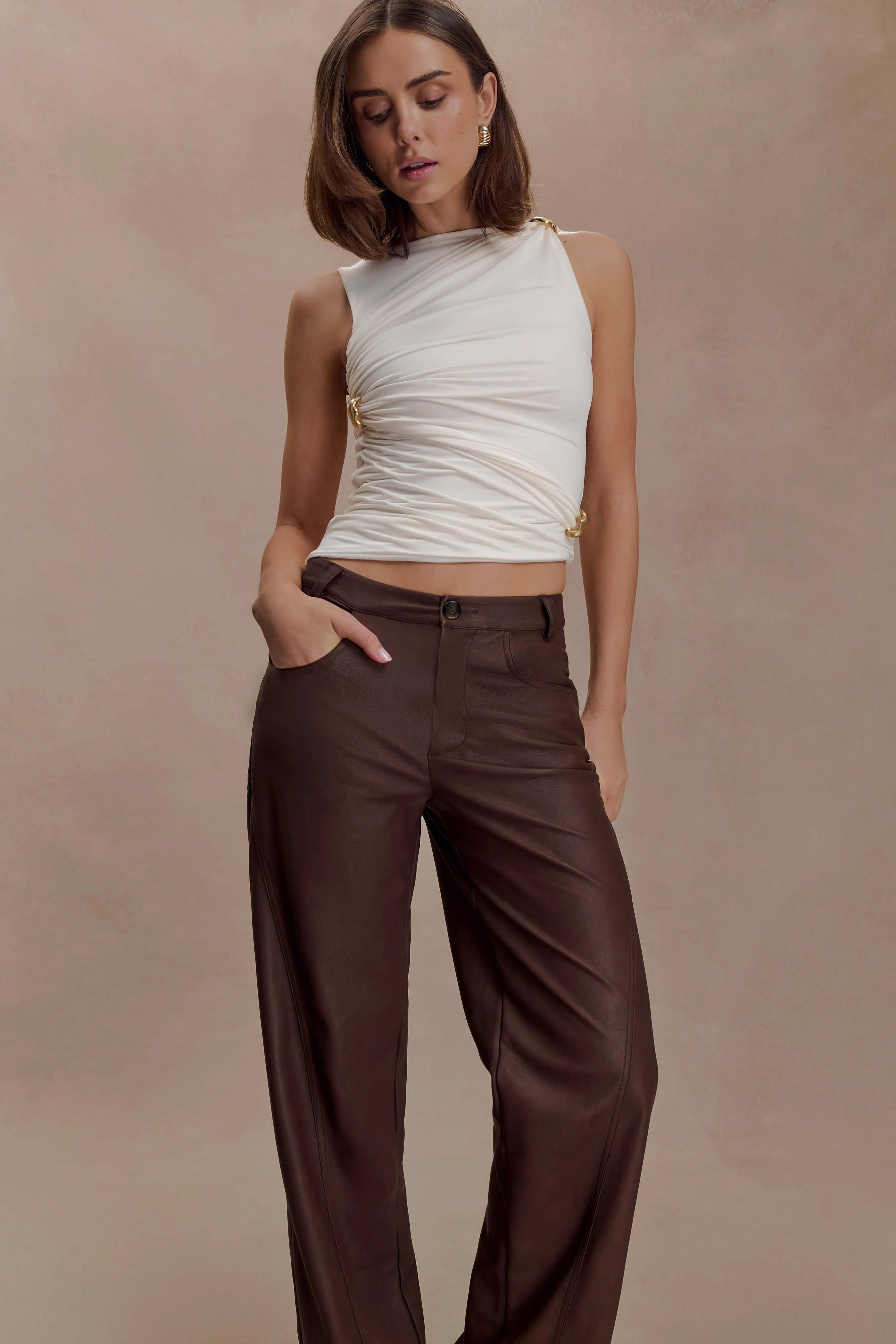 Theo Faux Leather Mid Rise Pants - Dark Chocolate - Image 4