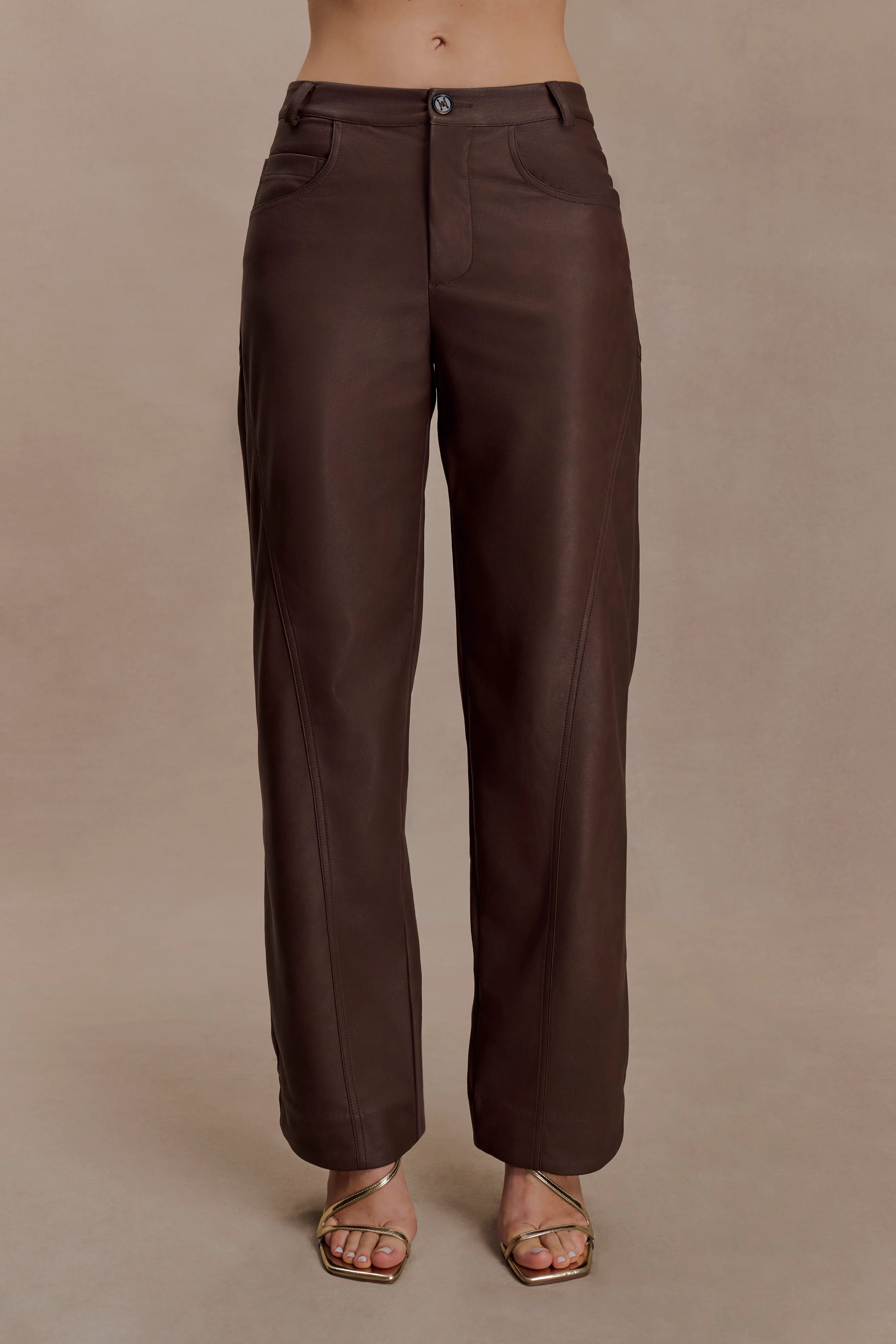 Theo Faux Leather Mid Rise Pants - Dark Chocolate - Image 7
