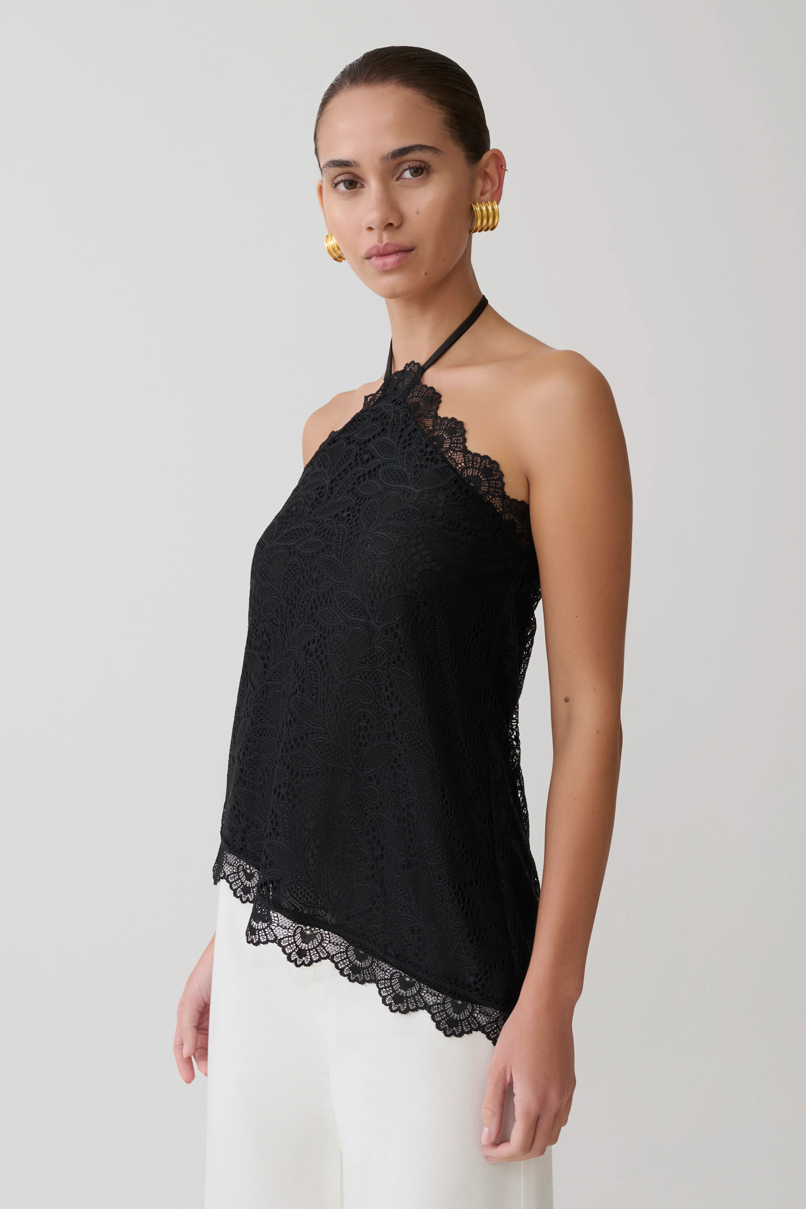 Theodosia Asymmetric Lace Halter Top - Black - Image 3