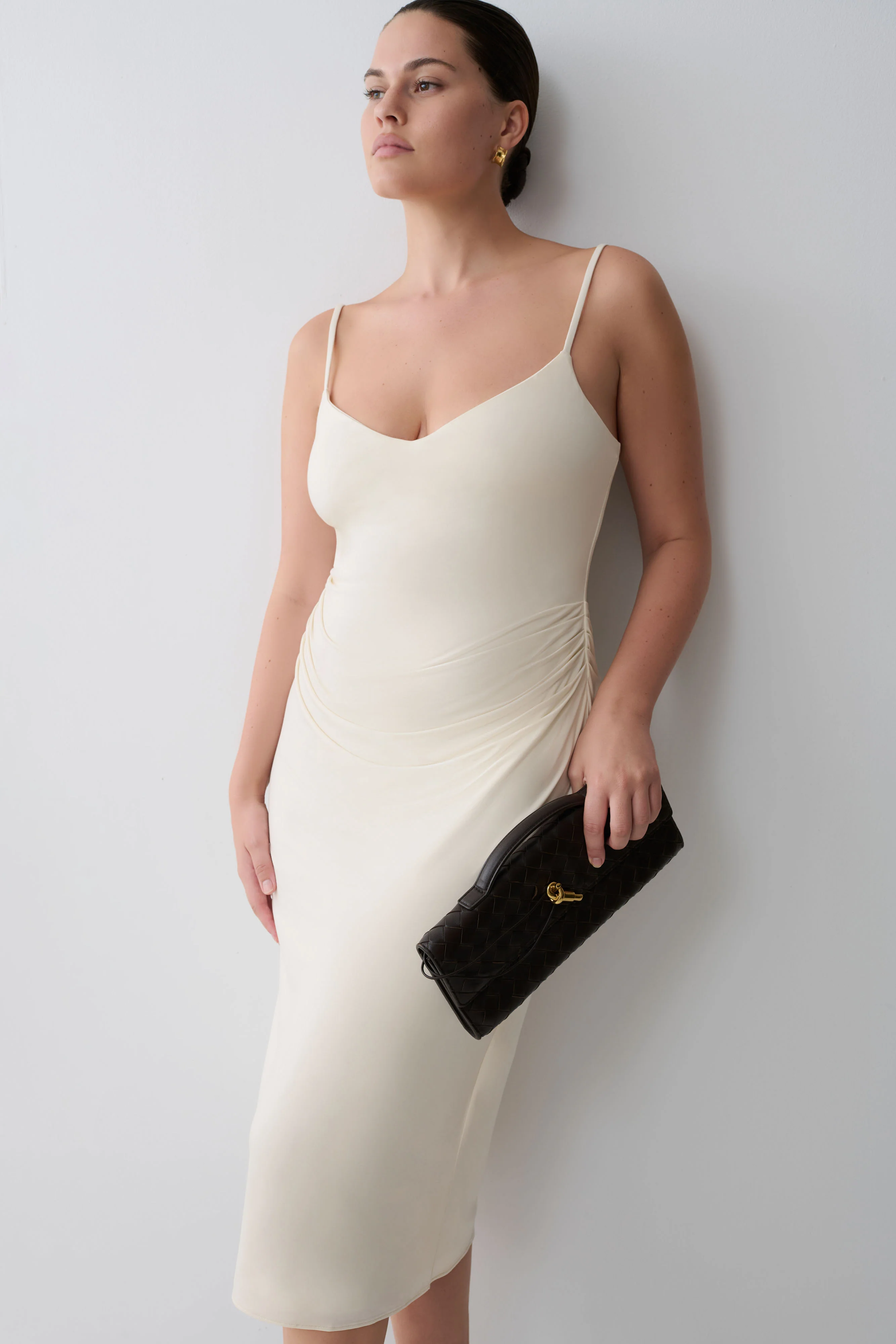 Vina Gathered Jersey Midi Dress - Ivory - Image 3