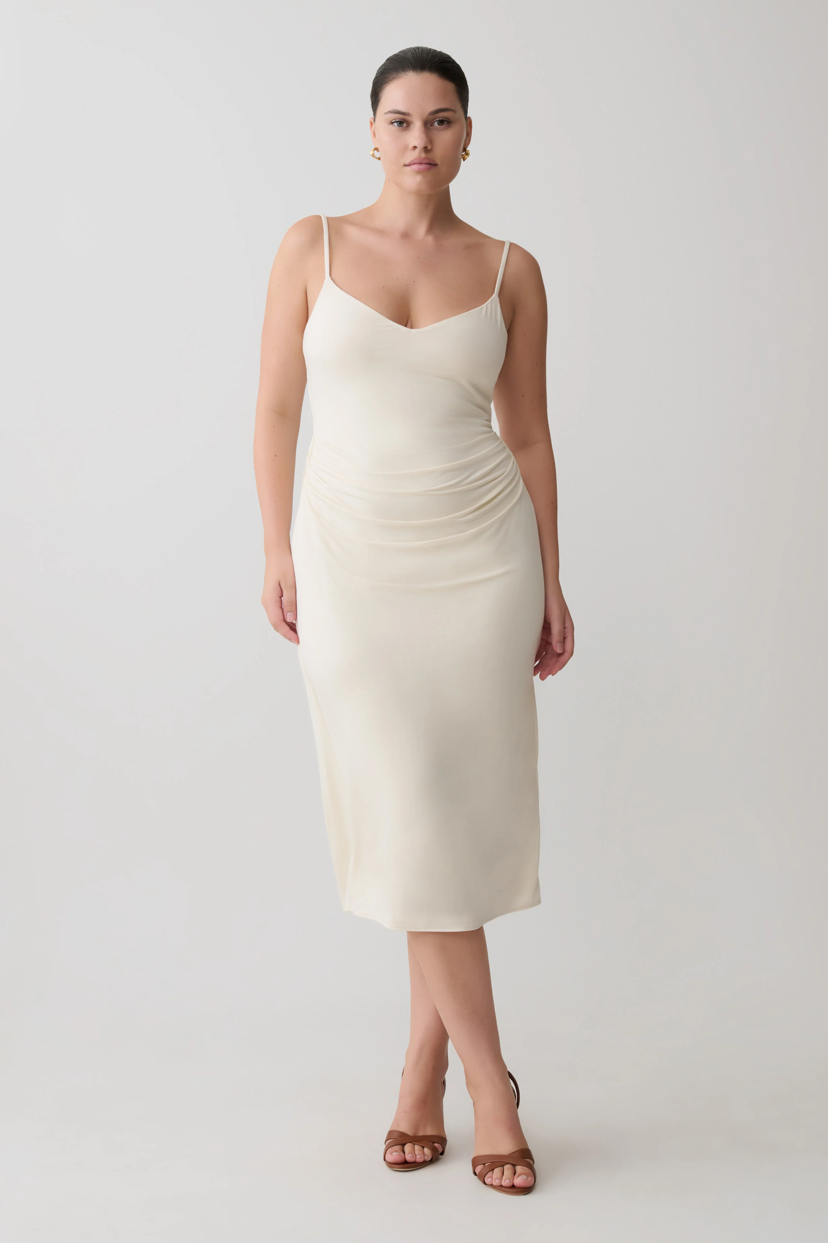 Vina Gathered Jersey Midi Dress - Ivory - Image 4