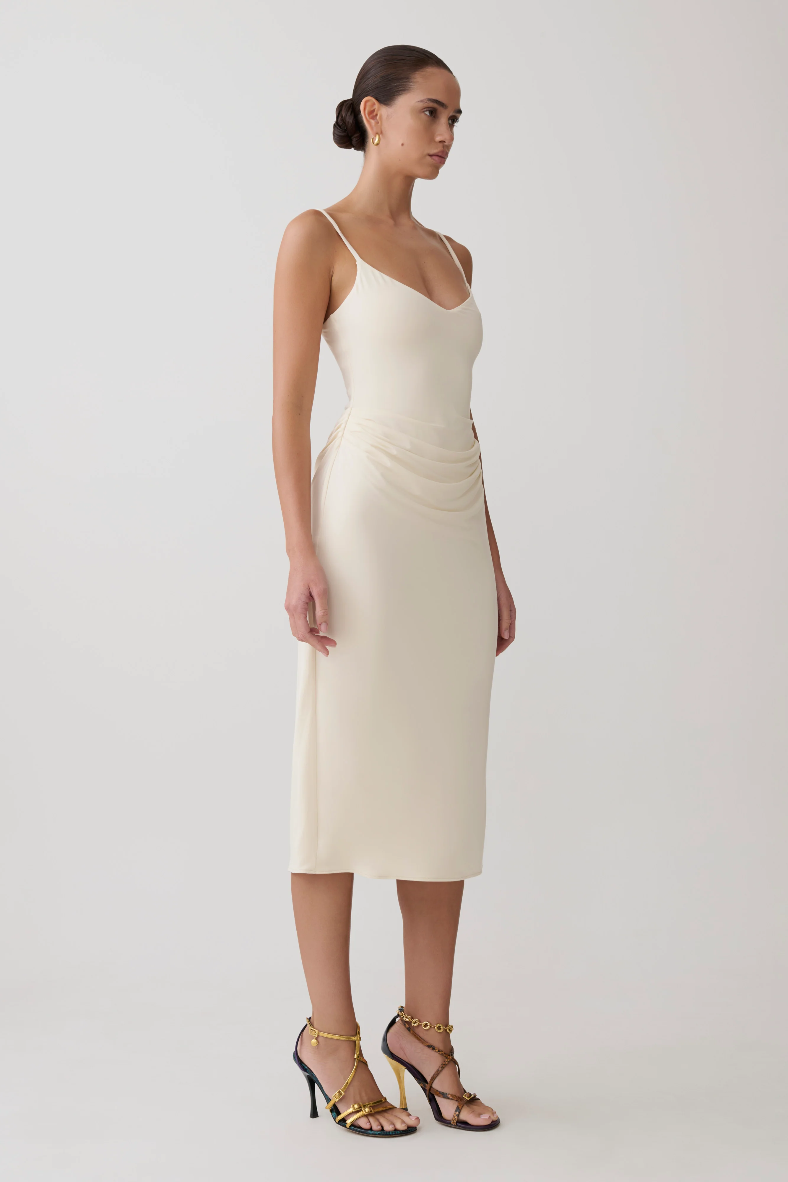 Vina Gathered Jersey Midi Dress - Ivory - Image 5
