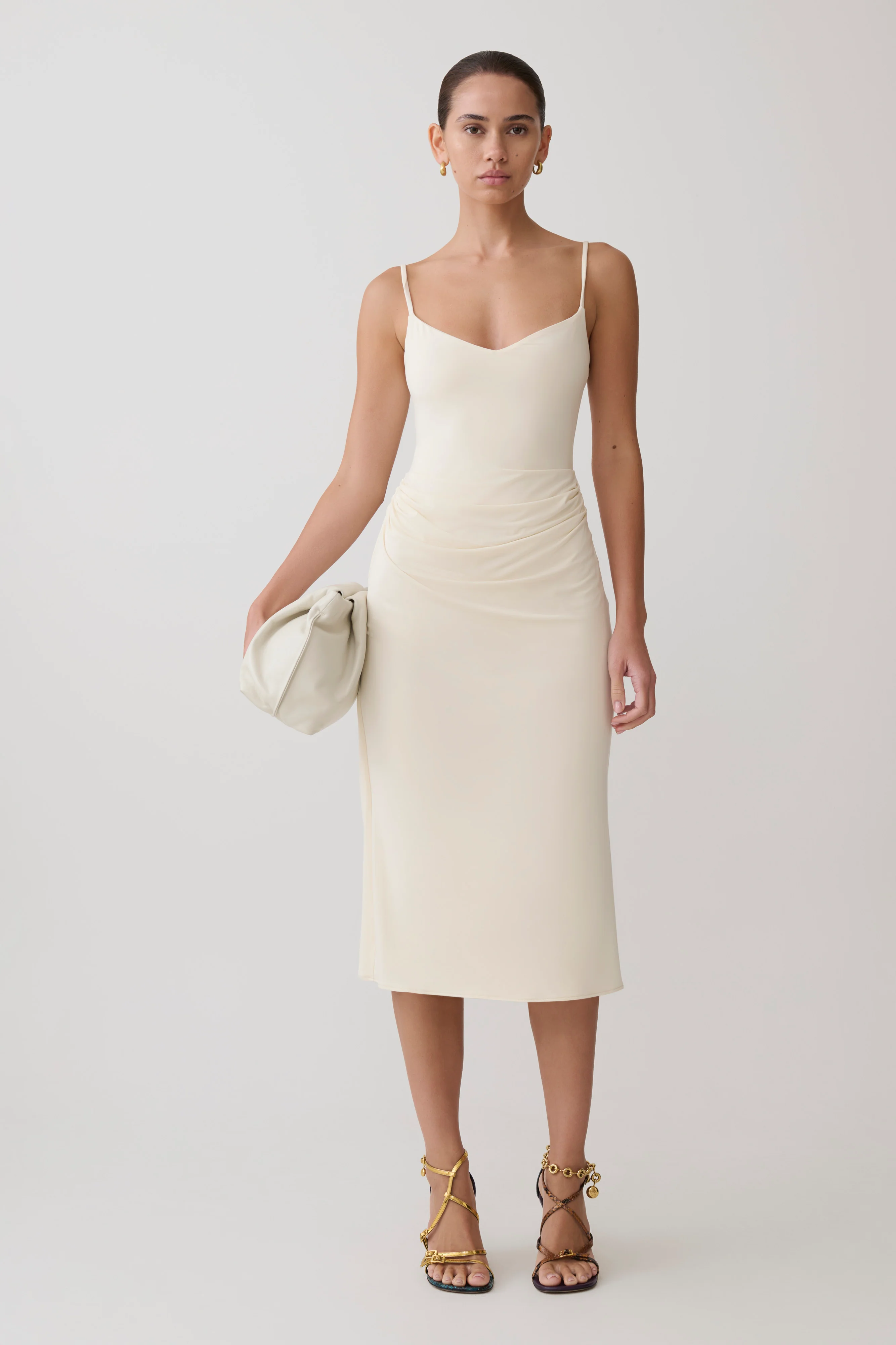 Vina Gathered Jersey Midi Dress - Ivory - Image 9