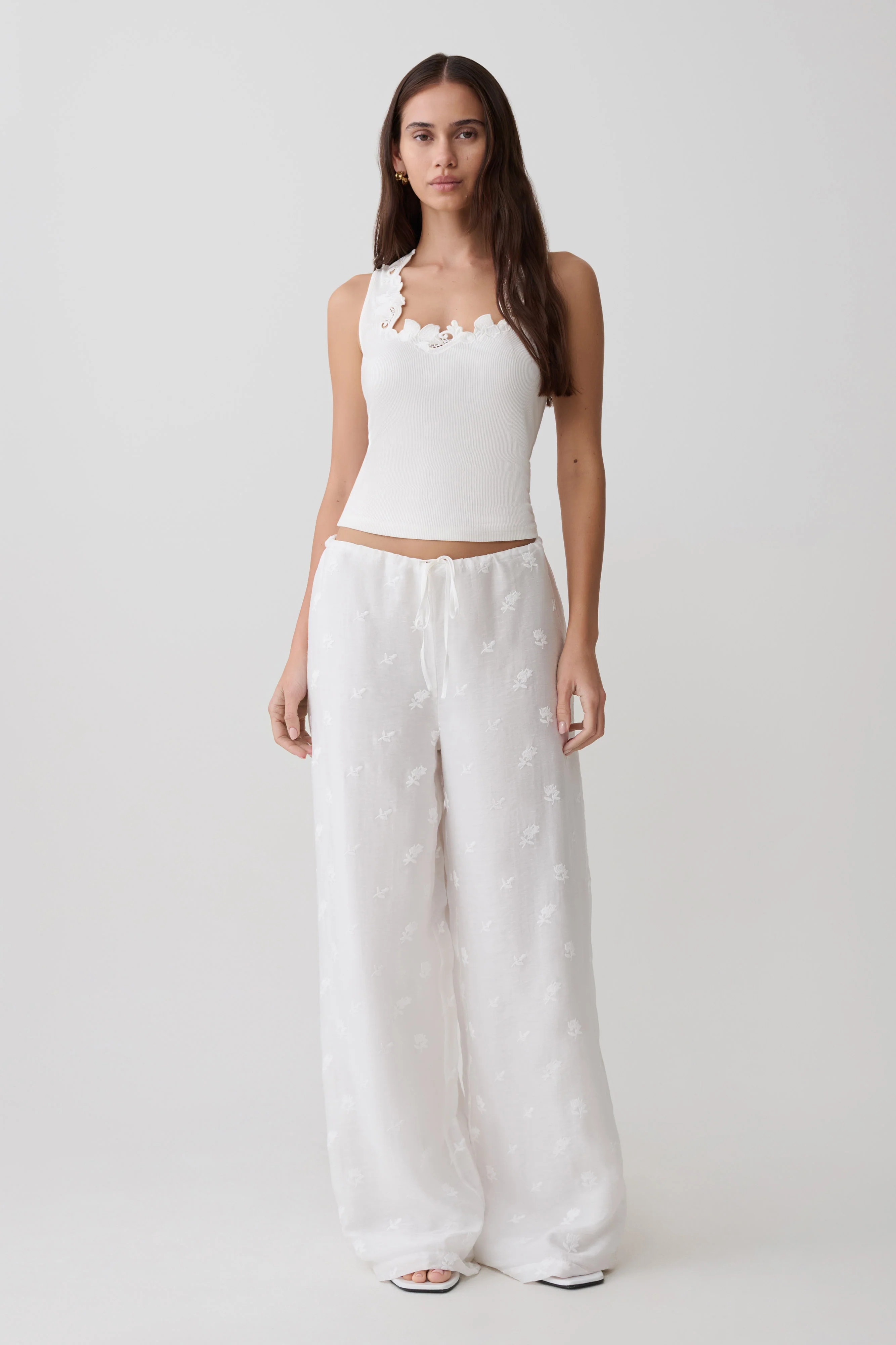 Vivian Tie Waist Embroidered Pant - White - Image 9