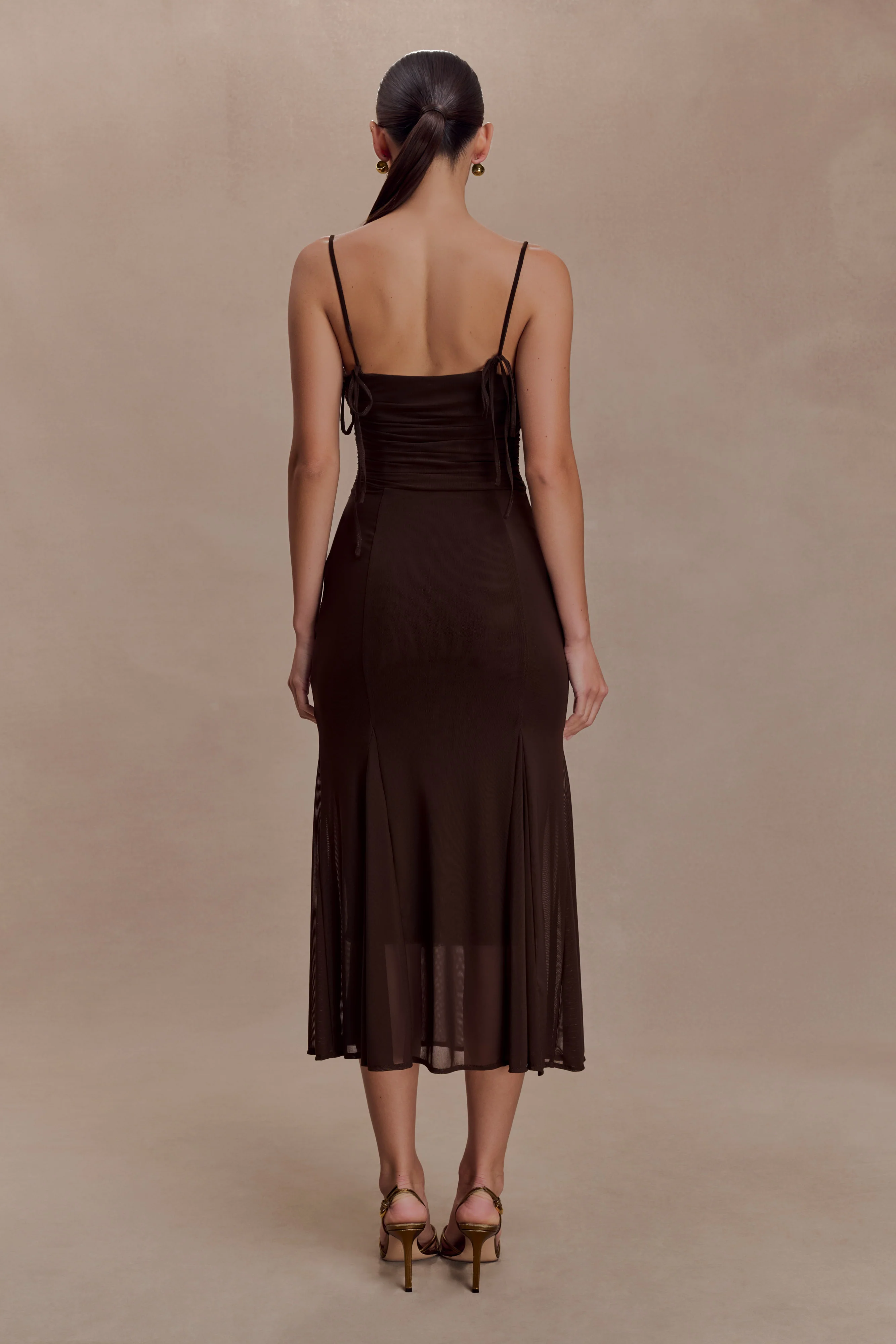 Willa Gathered Mesh Midi Dress - Chocolate - Image 2