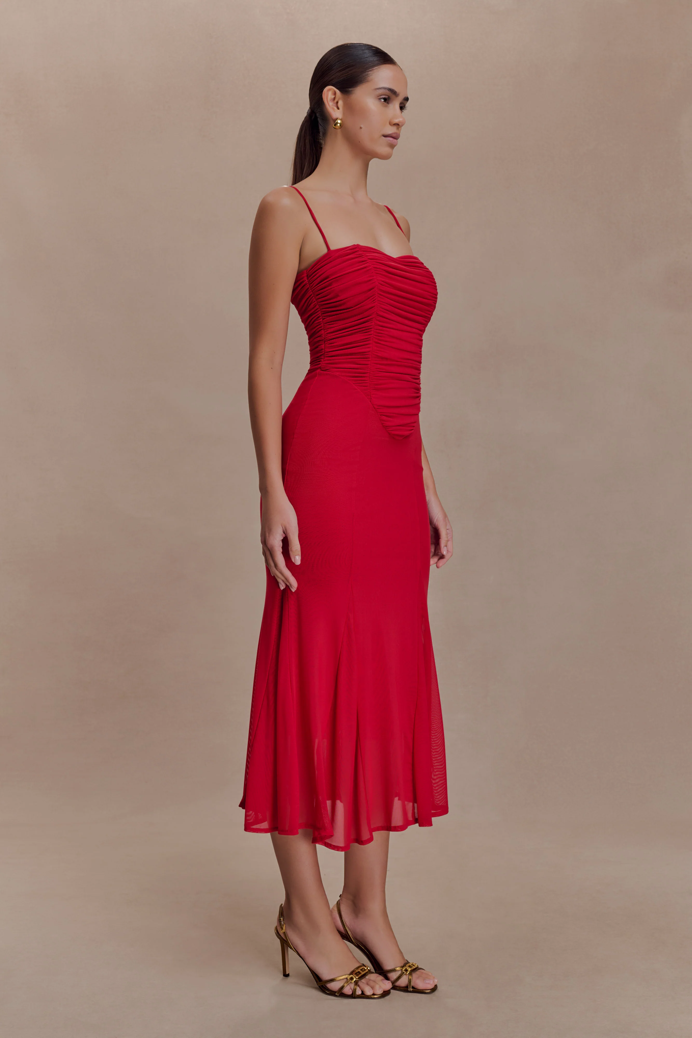 Willa Gathered Mesh Midi Dress - Ruby - Image 5