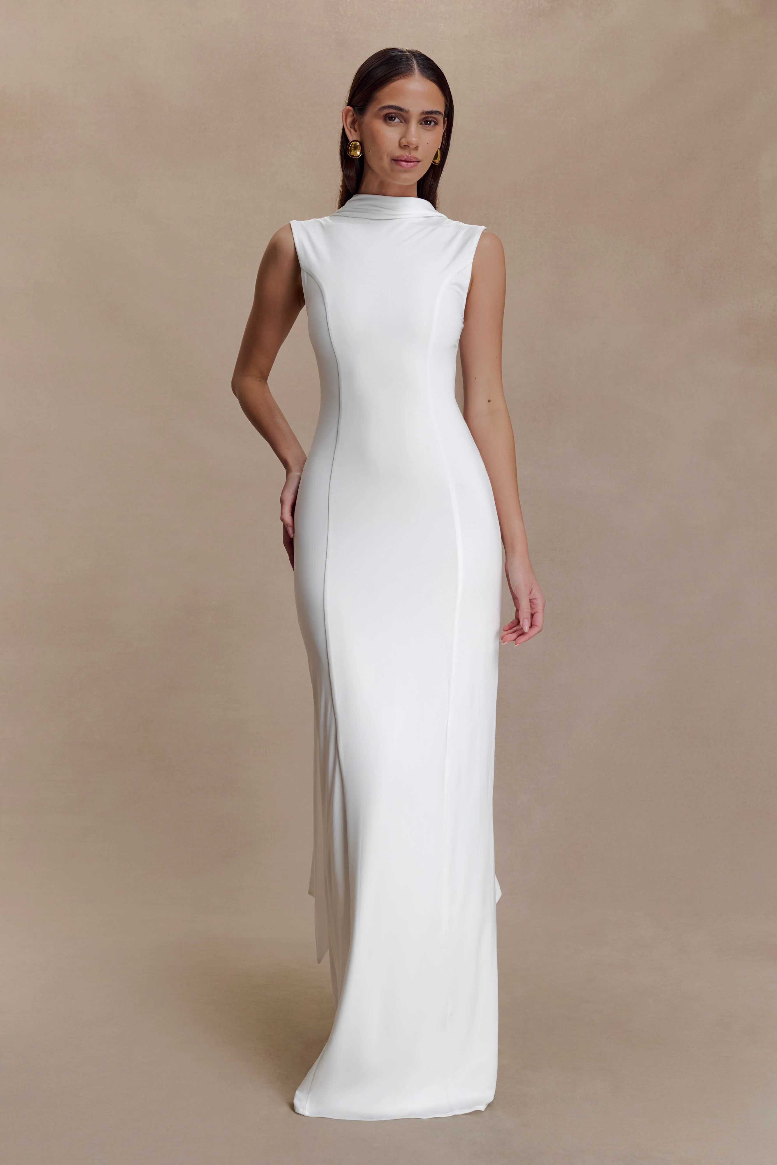 Wisteria Slinky Maxi Dress With Scarf - White - Image 3