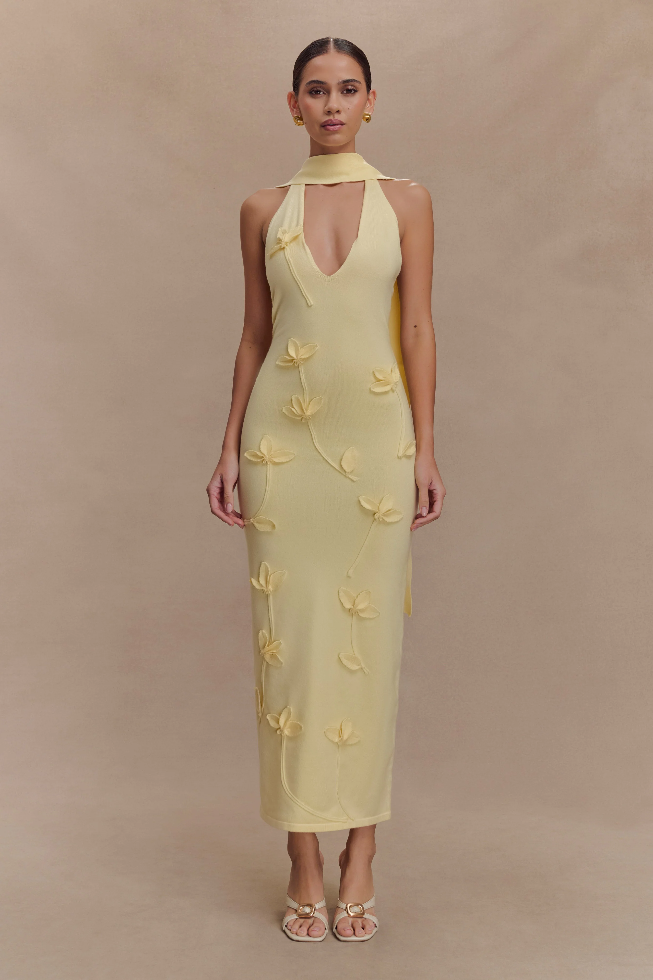Wynn Floral Knit Midi Dress - Lemon - Image 3