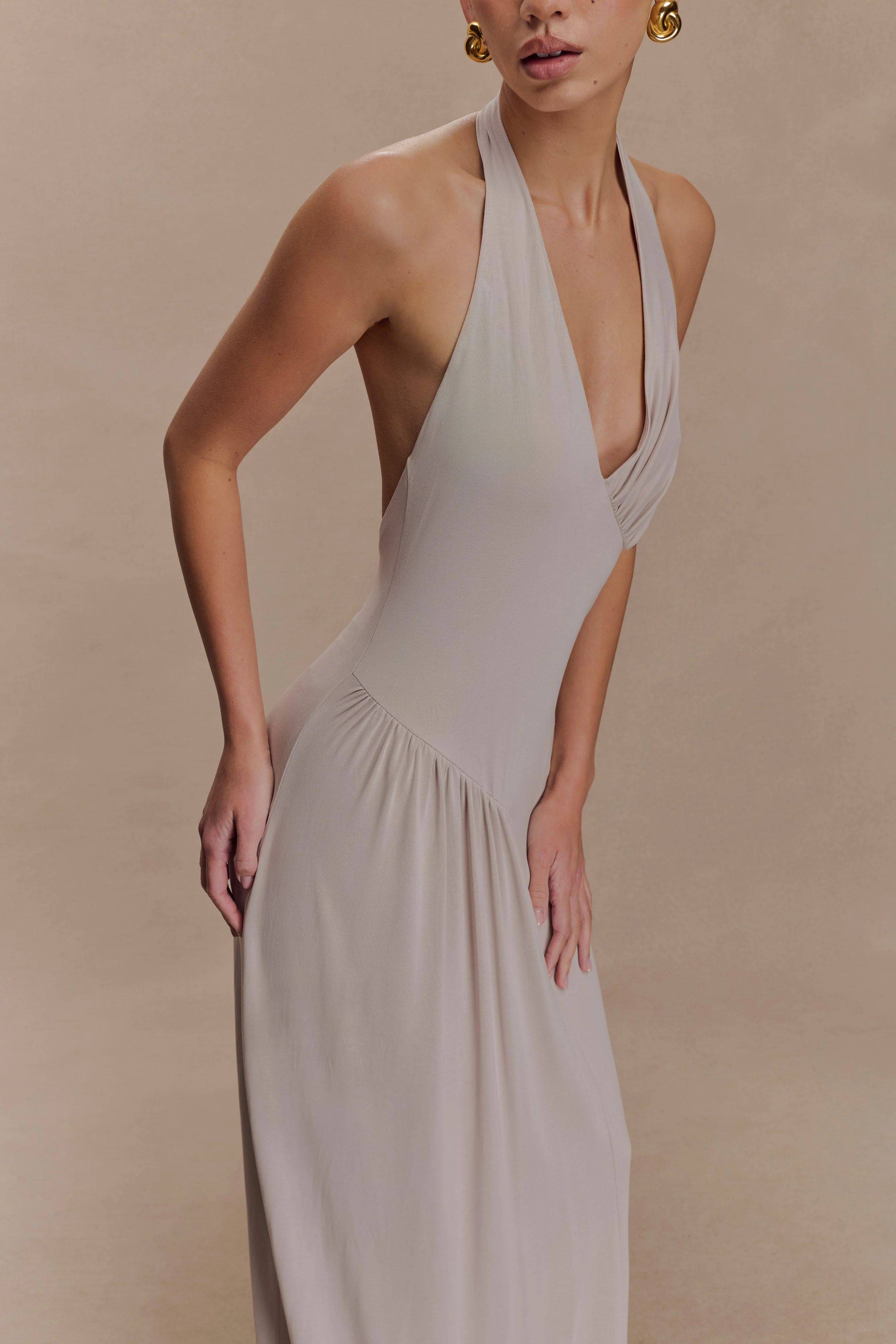 Yelena Ruched Halter Maxi Dress - Taupe - Image 3