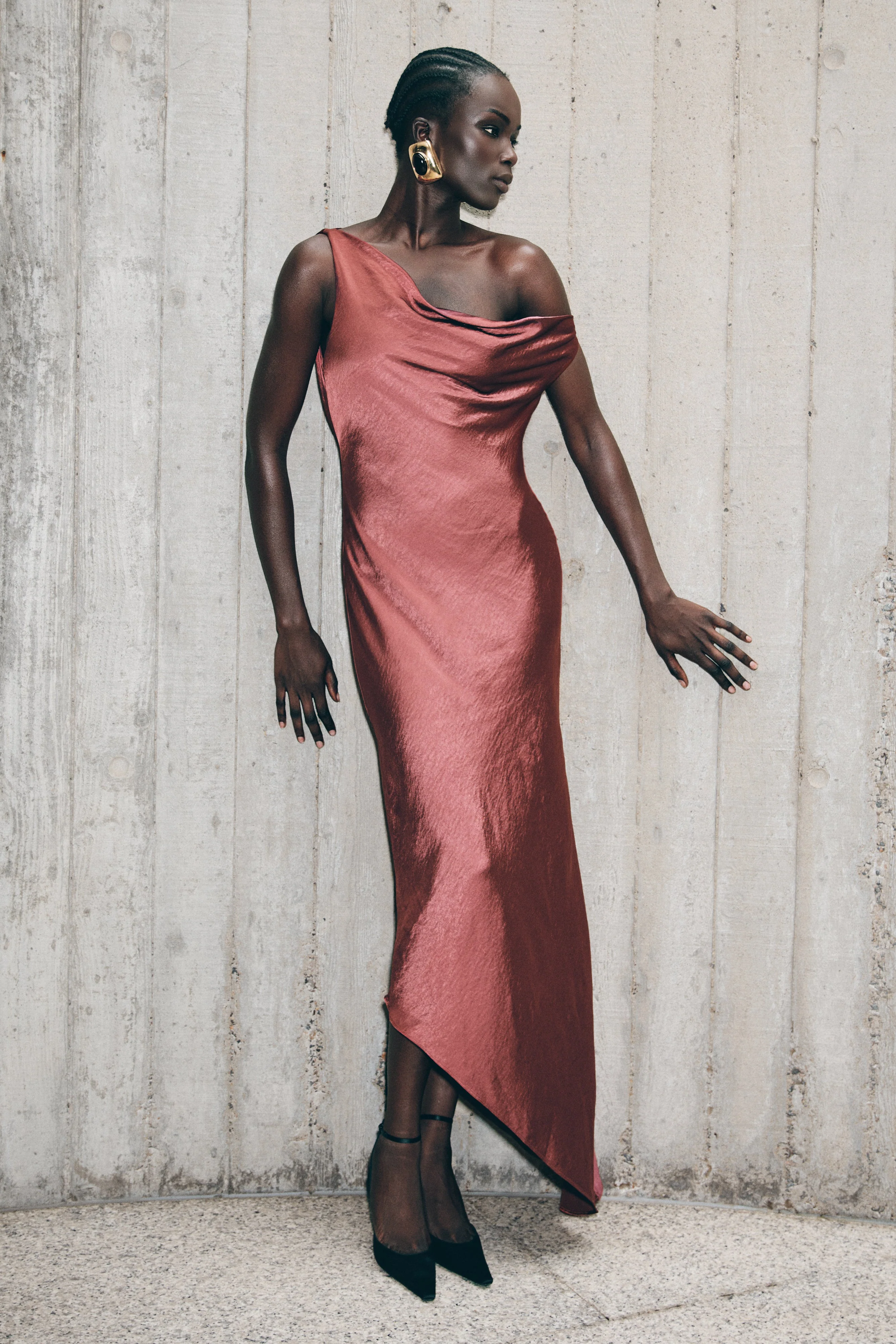 Yvette Slip Maxi Dress With Asymmetrical Hem - Brown Cherry - Image 2